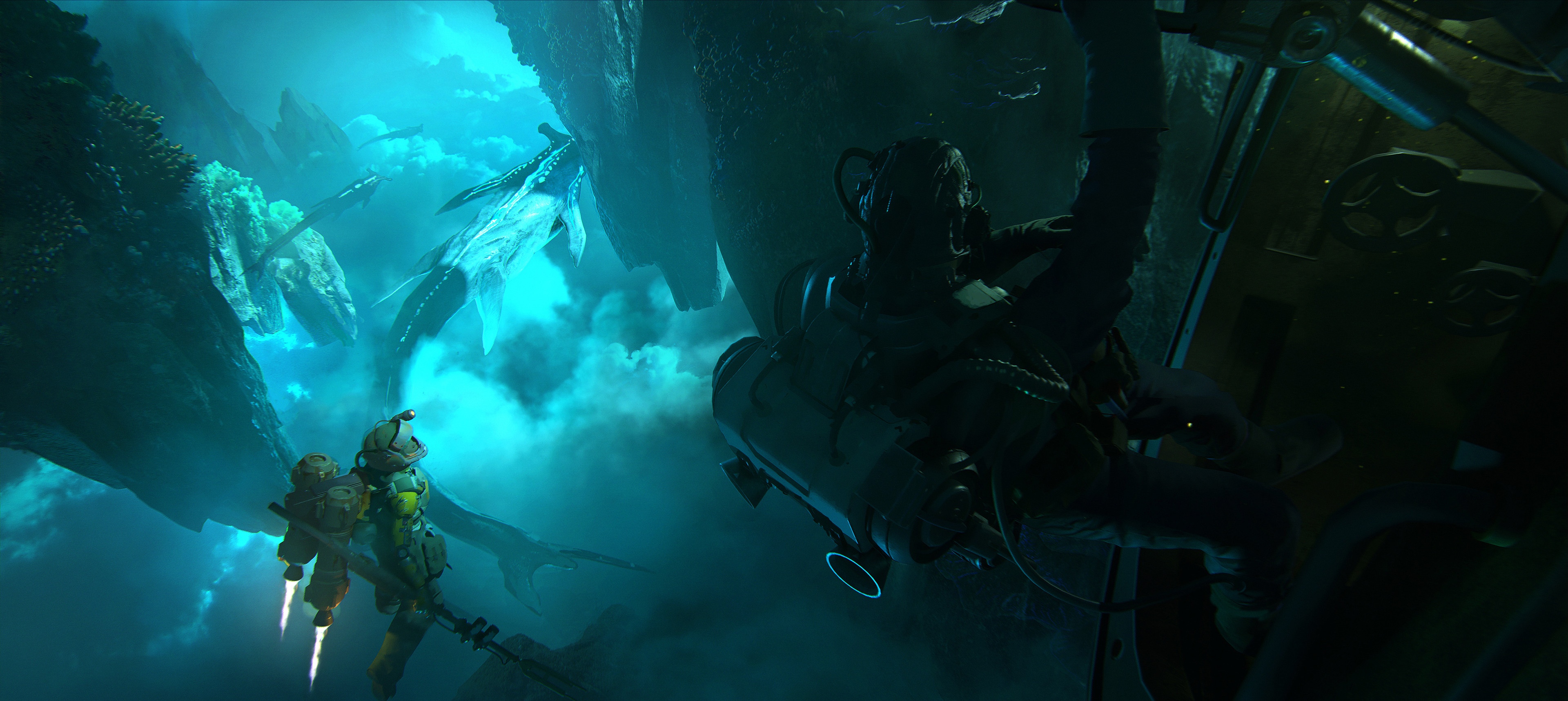 4K adventurers encounter large sea creatures HD Wallpaper