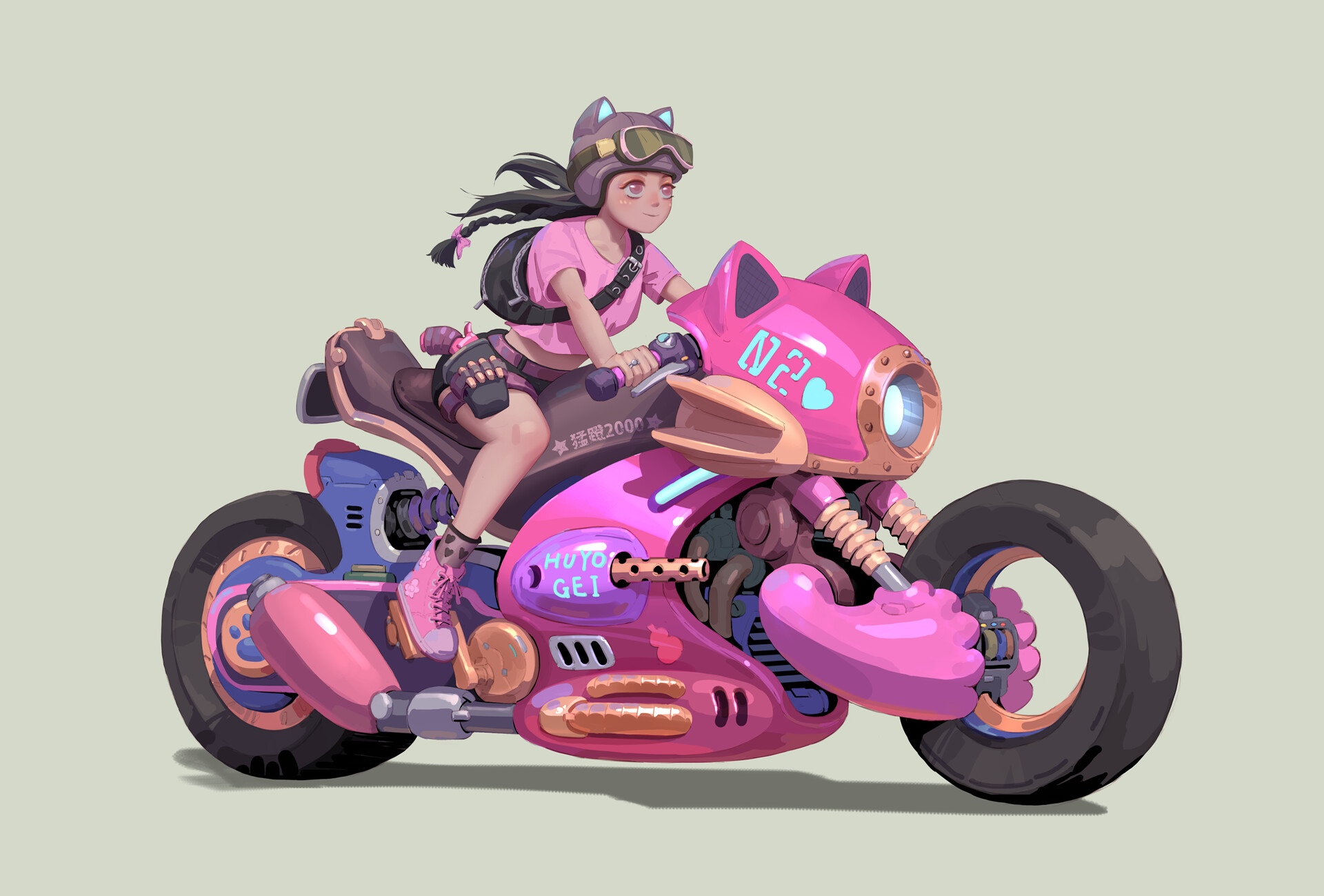 Girl in pink riding a pink cat-themed motorcycle HD Wallpaper