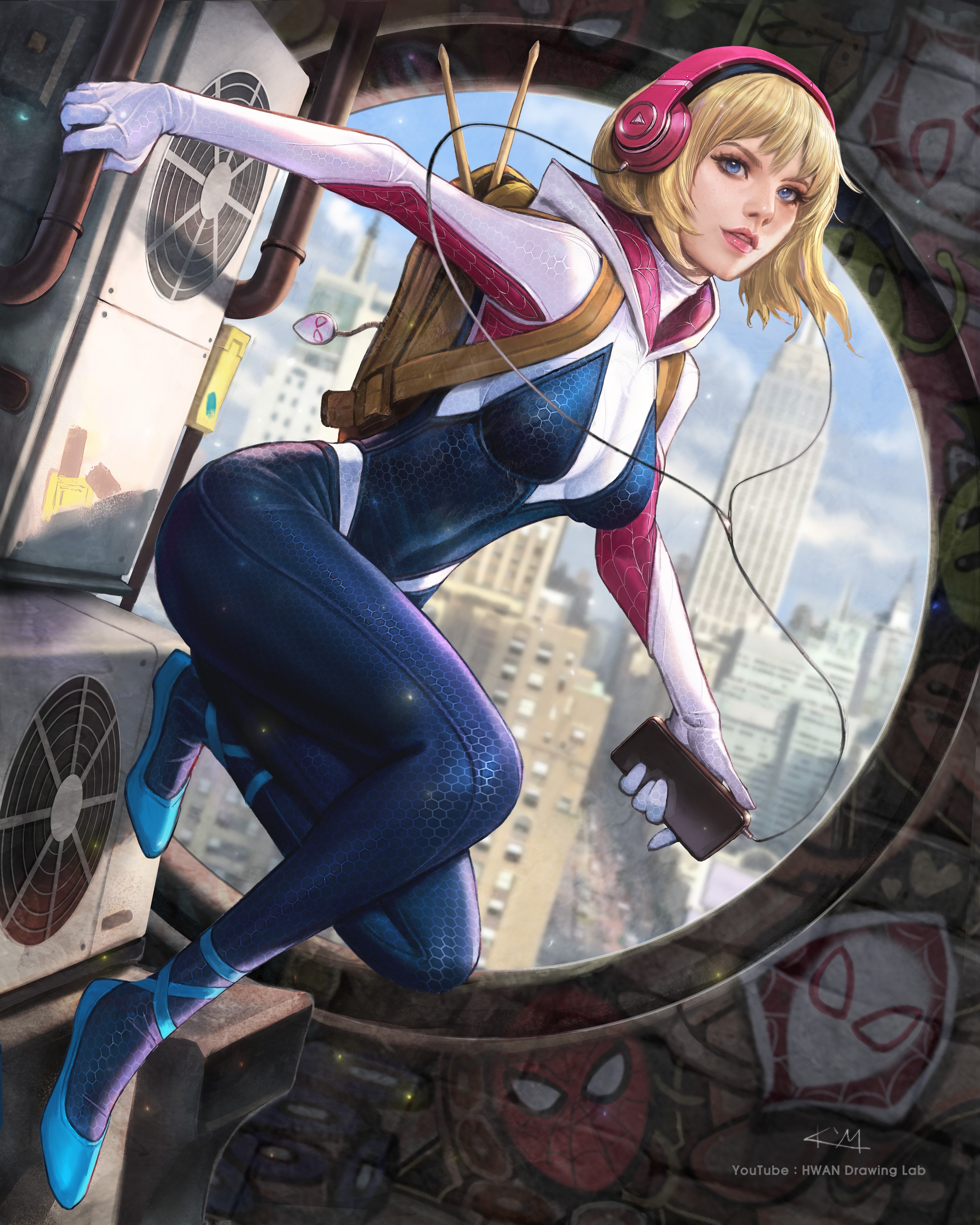 Spider-Gwen with Headphones on a Rooftop HD Phone Wallpaper
