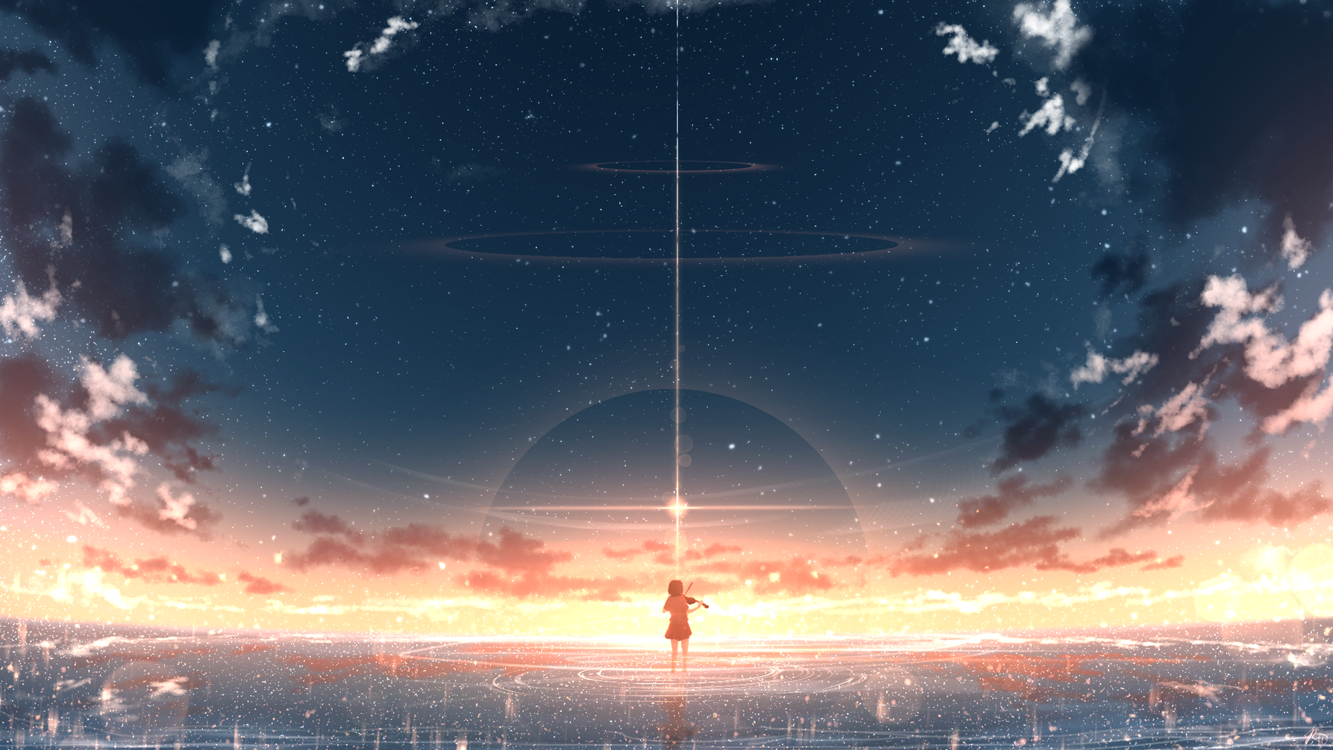 Girl playing violin under starry sunset sky HD Wallpaper