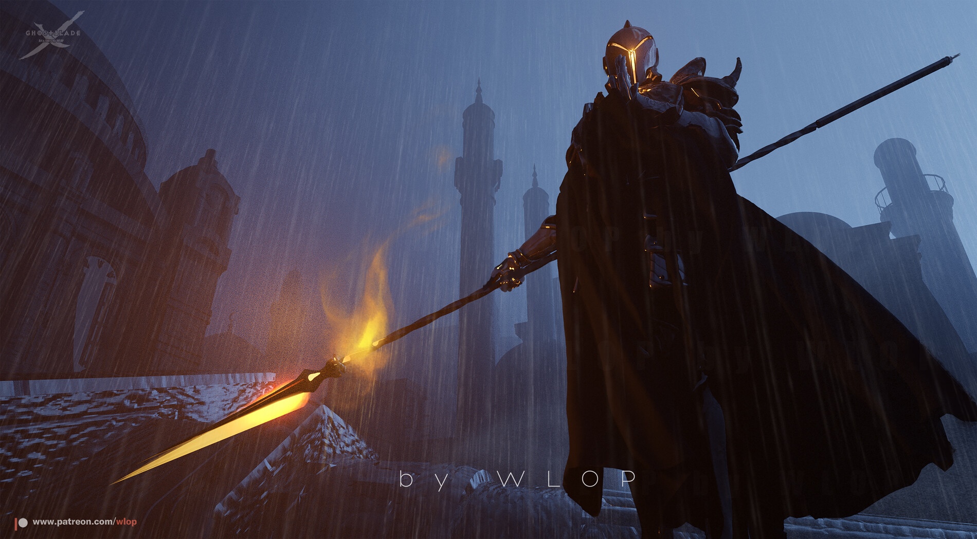 Fantasy warrior with a spear in the rain HD Wallpaper