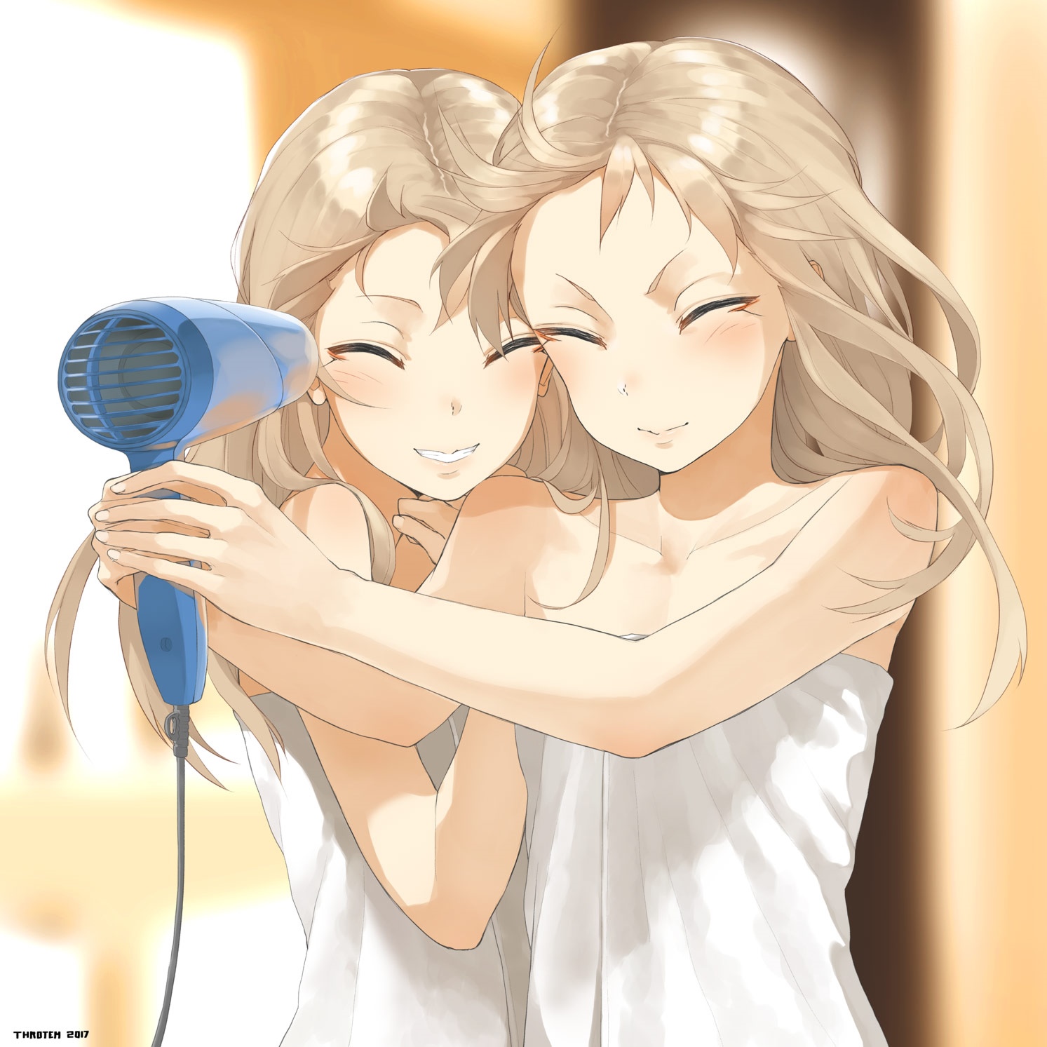 Two anime twins drying their hair with a hairdryer HD Wallpaper
