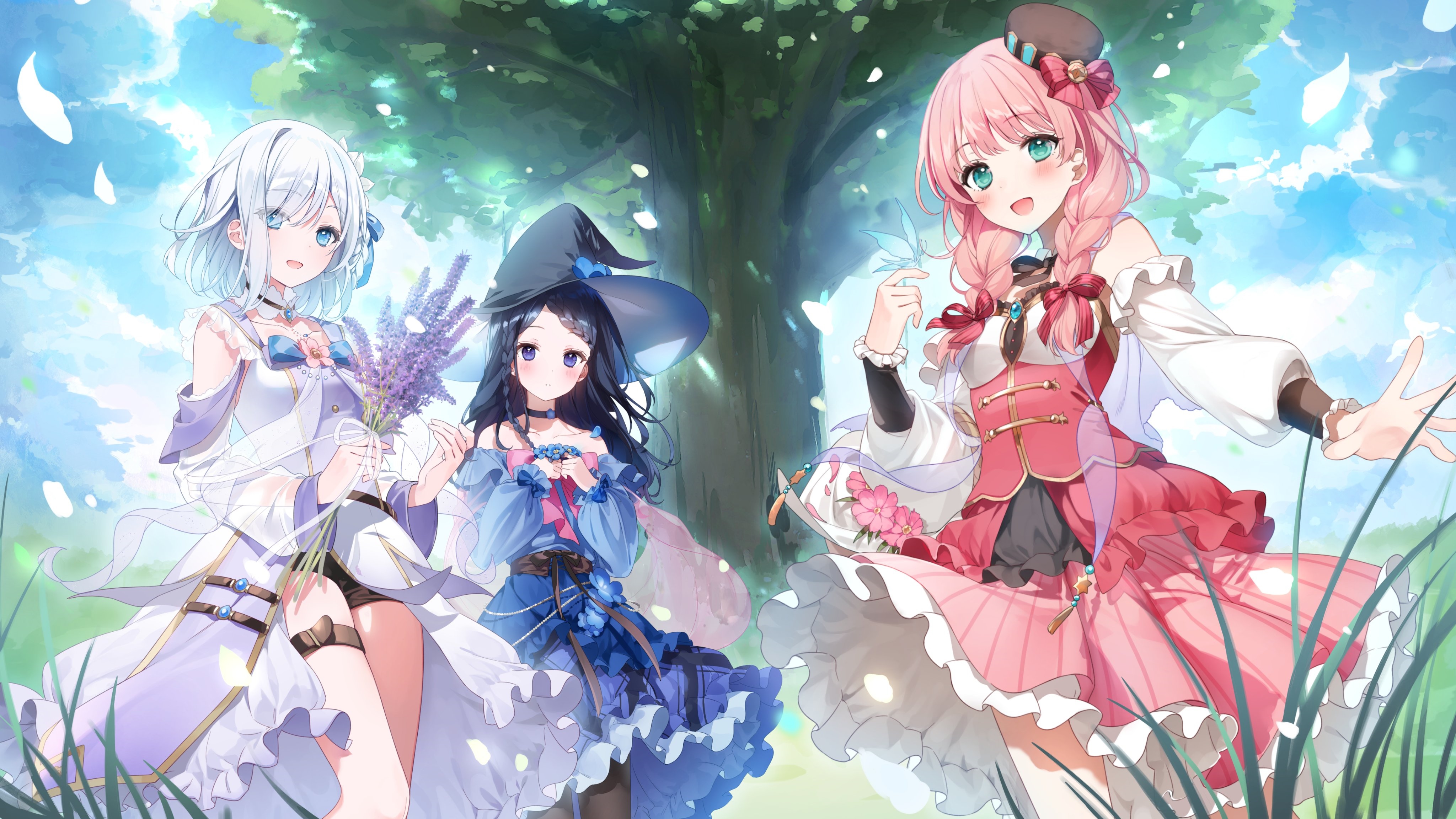 Three anime girls in a forest HD Wallpaper