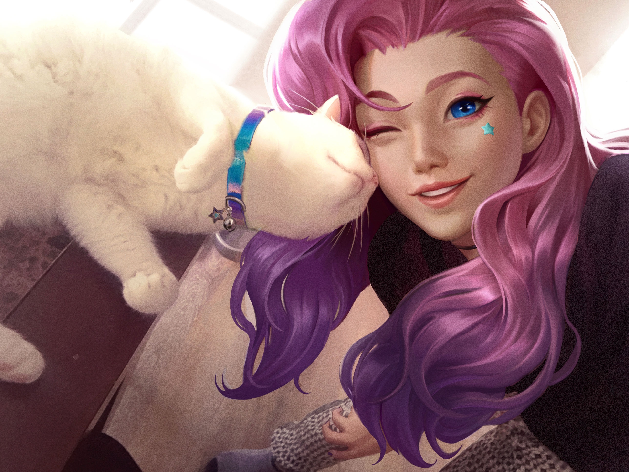 KDA Seraphine and a white cat HD Wallpaper