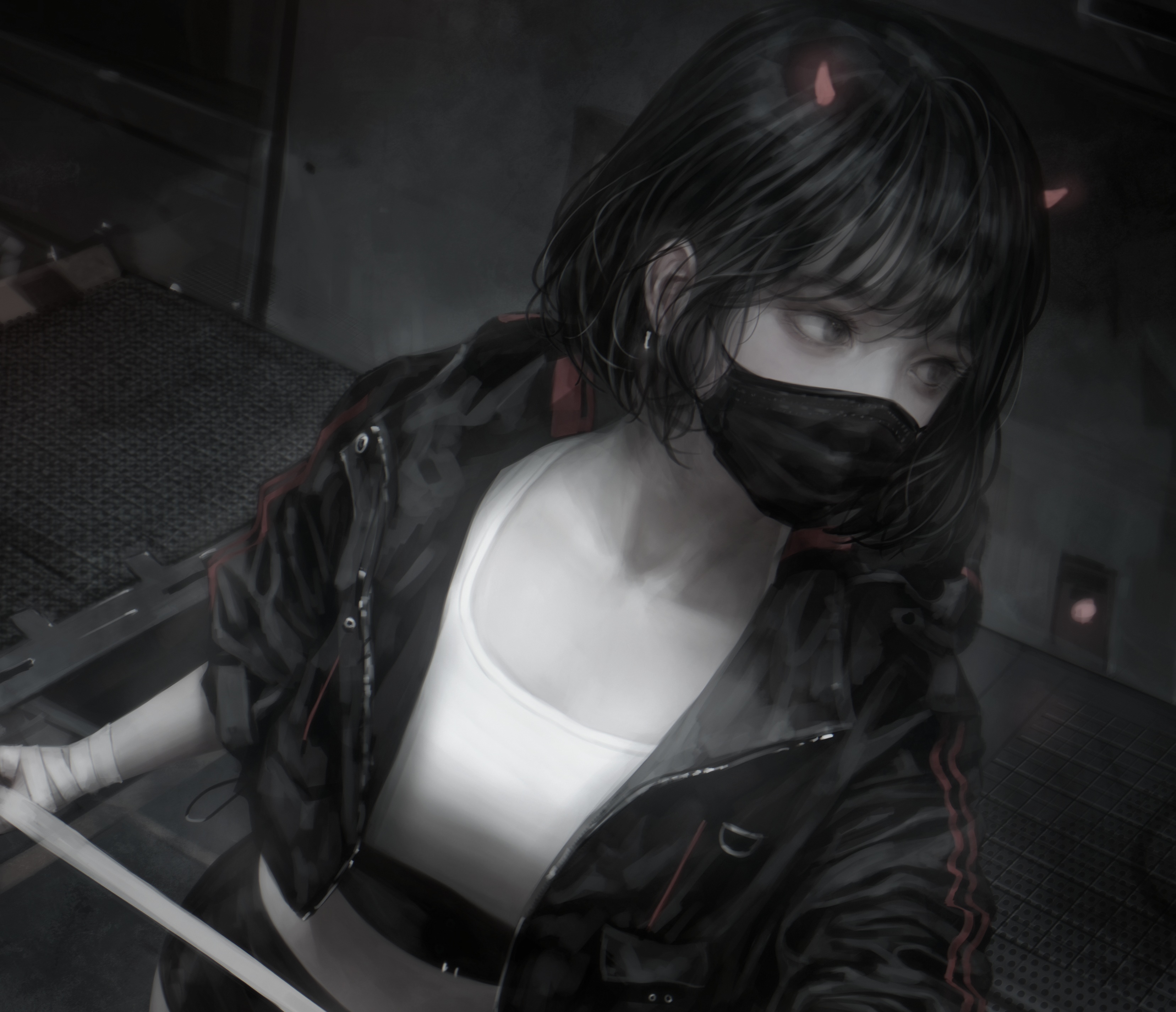 Anime girl with black hair and red horns wearing a mask HD Wallpaper