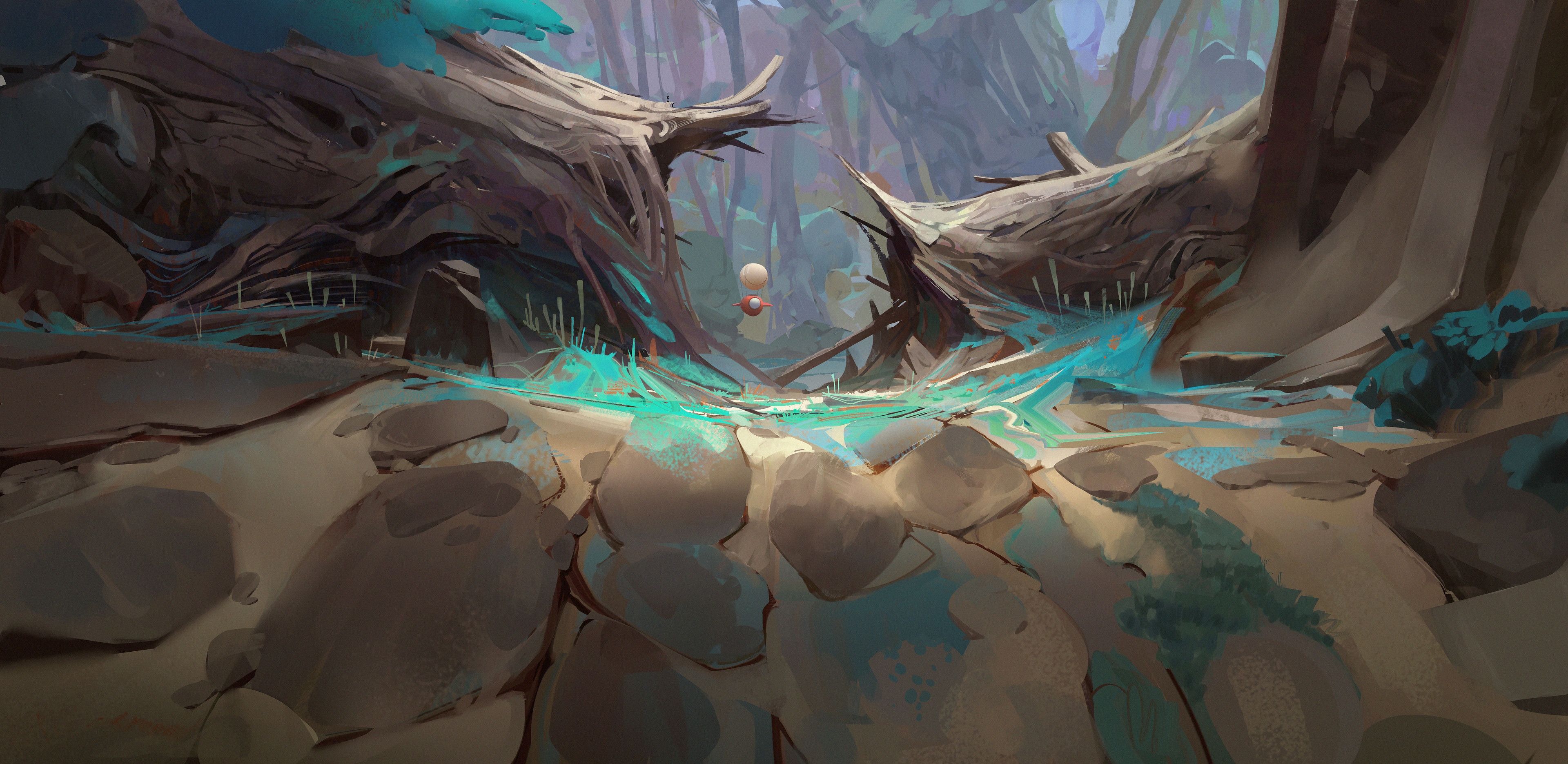 4K ArtStation forest with hot air balloons HD Wallpaper