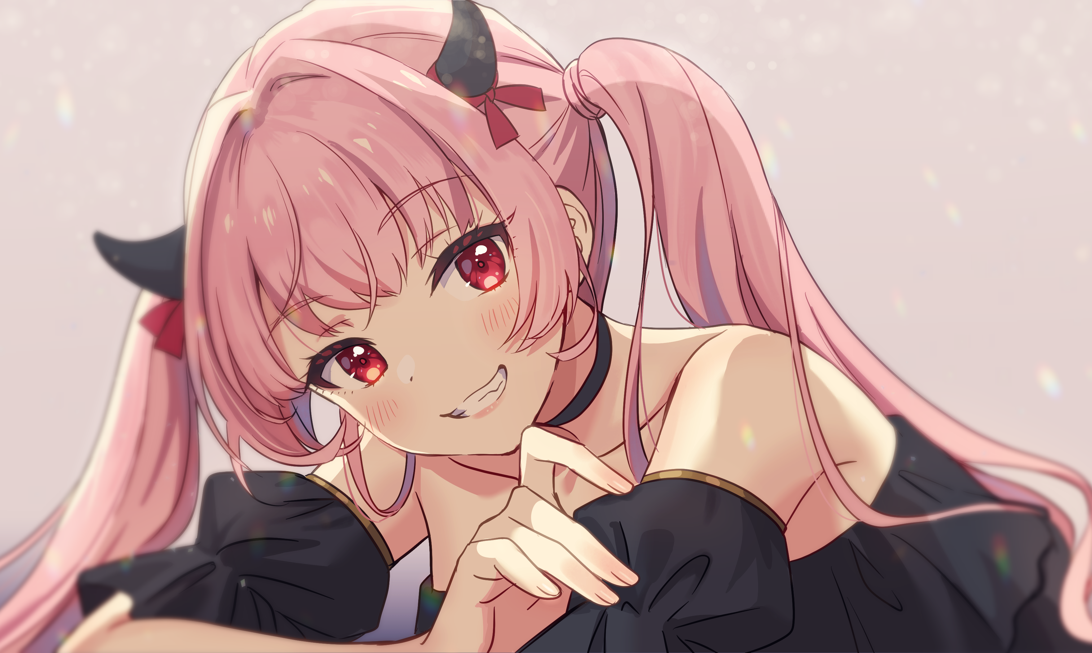 Anime girl with pink hair and horns HD Wallpaper