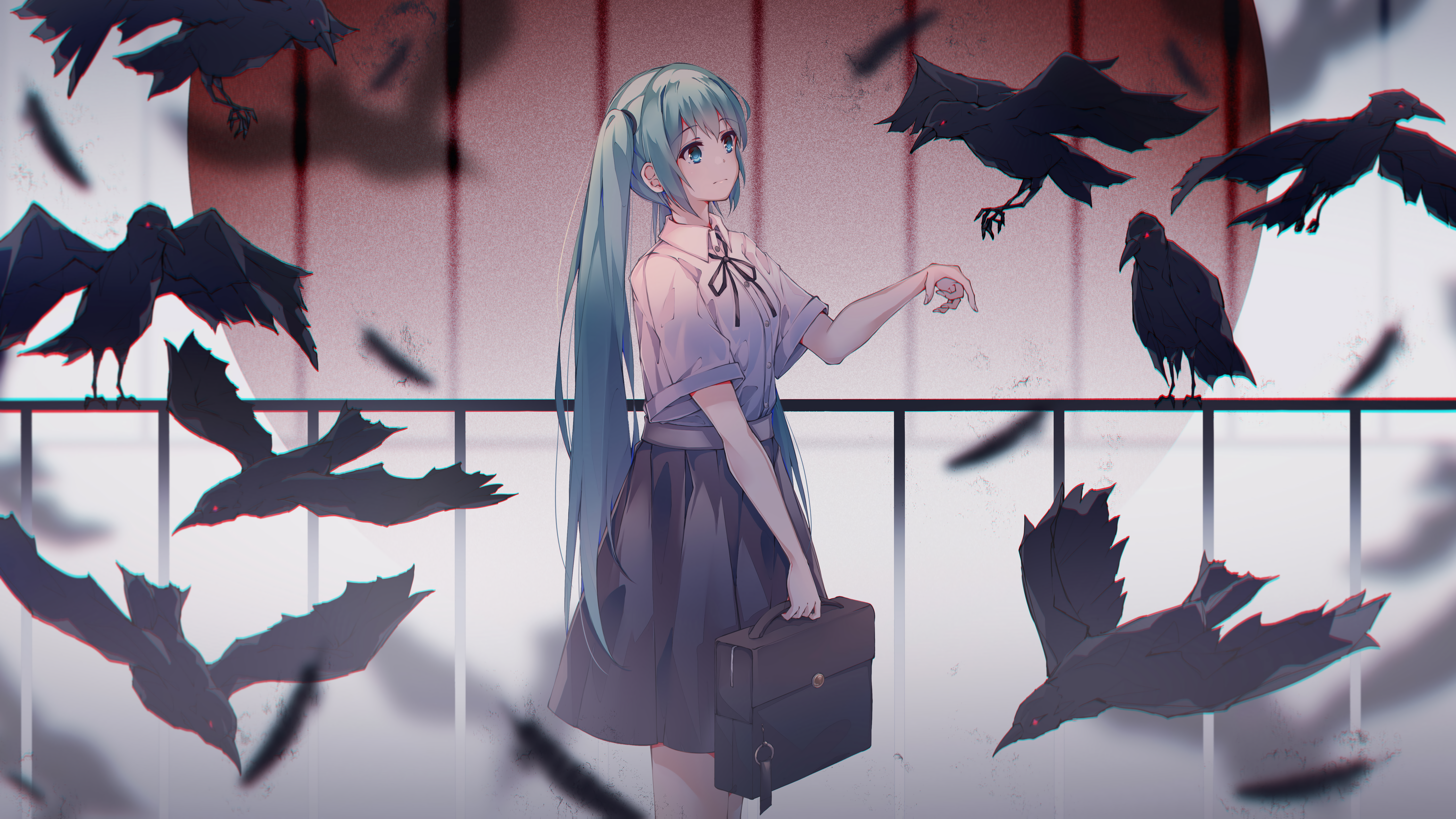 4K Hatsune Miku surrounded by crows HD Wallpaper