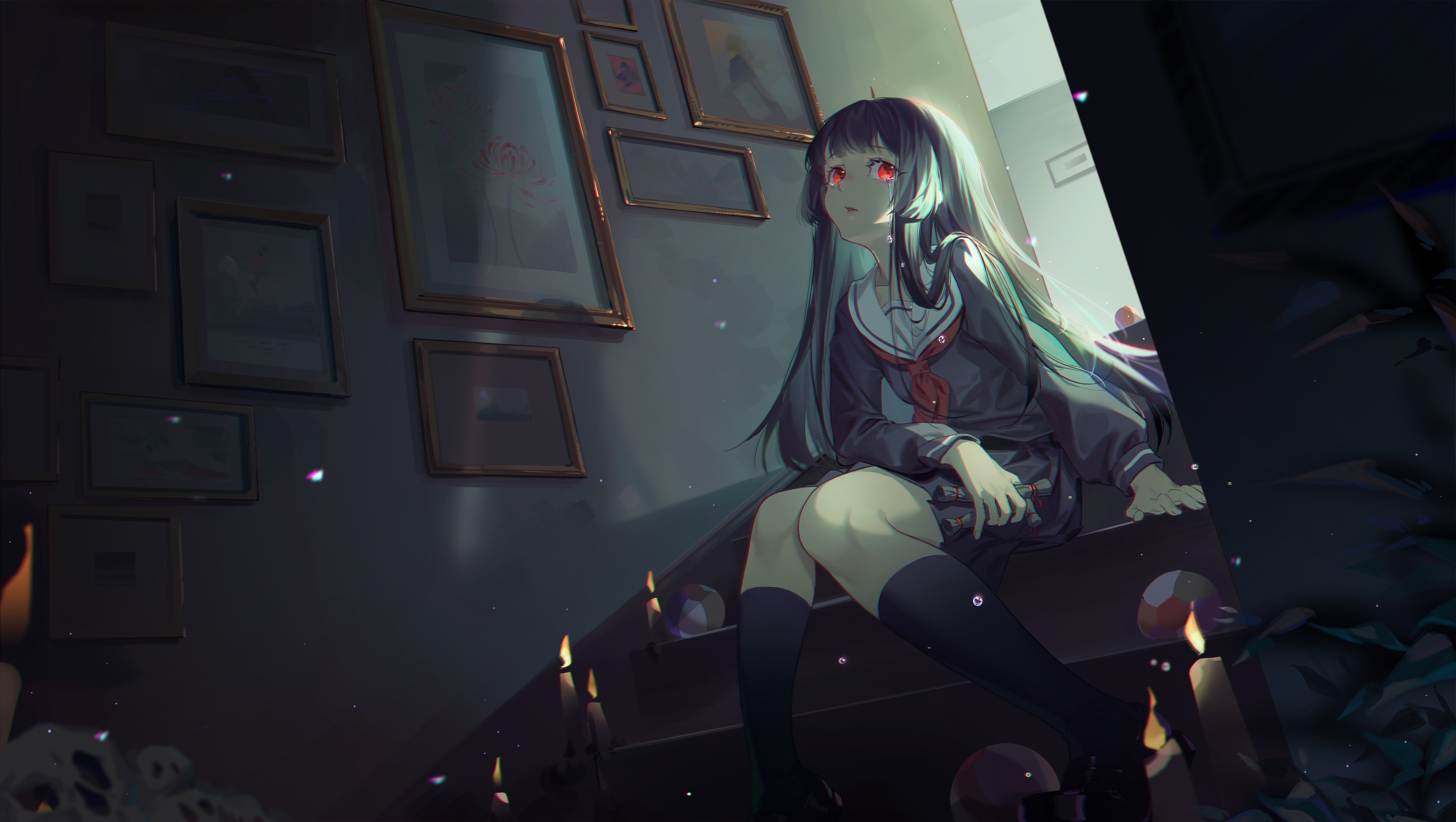 Enma Ai from Jigoku Shoujo sitting on stairs HD Wallpaper