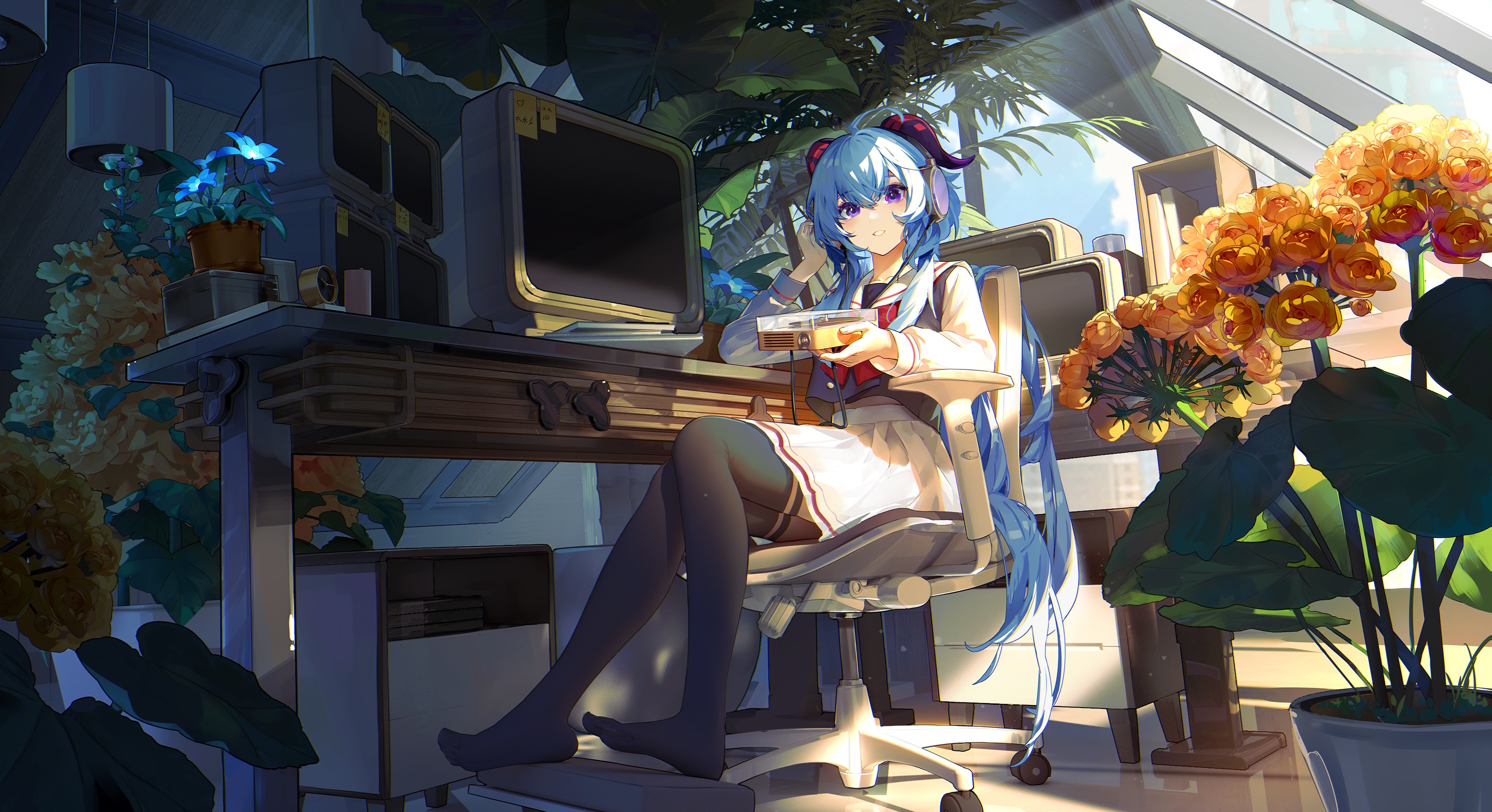Ganyu from Genshin Impact sitting at a desk HD Wallpaper
