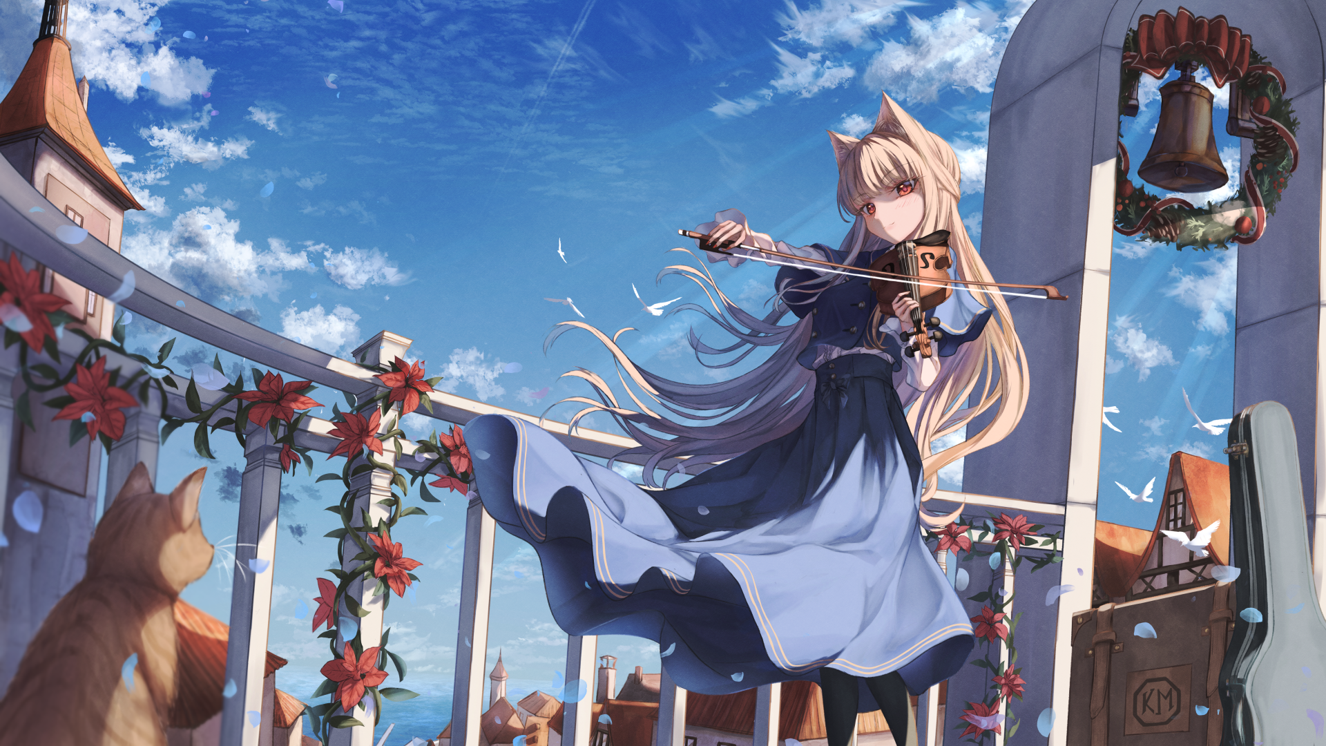 Anime cat girl playing violin on a balcony HD Wallpaper
