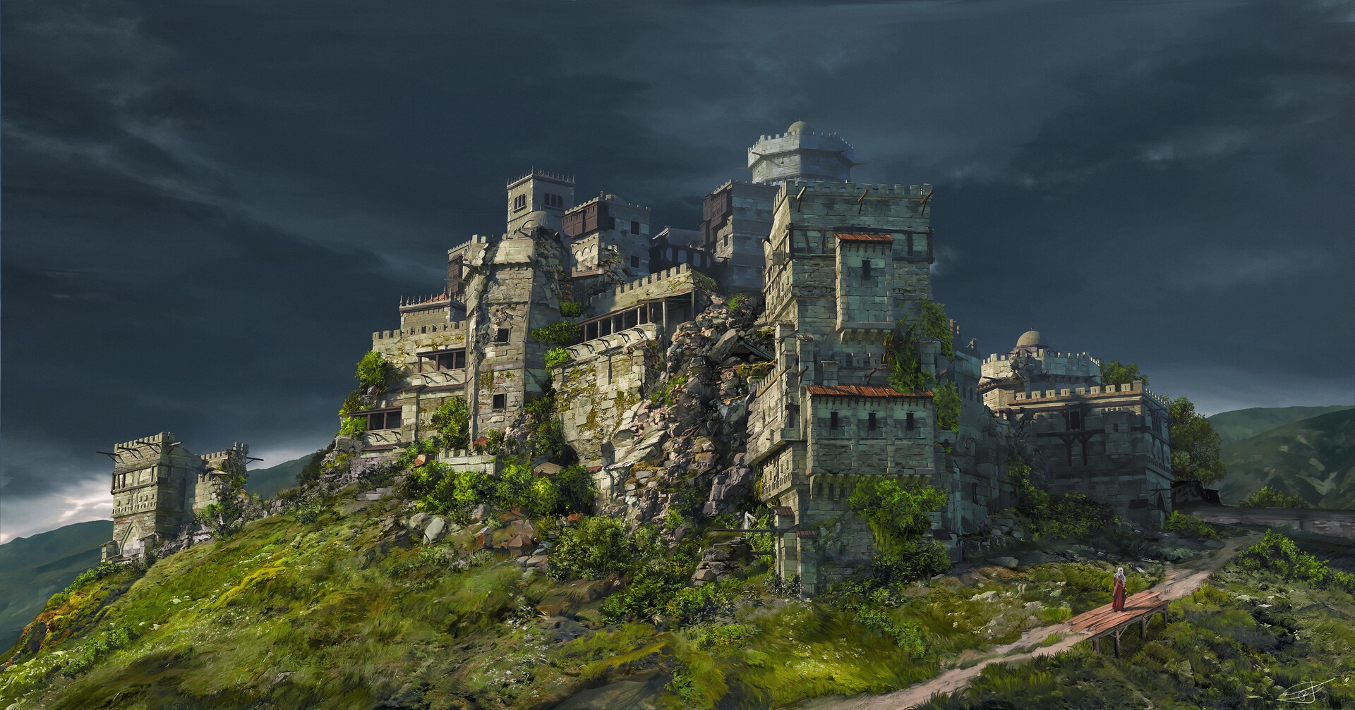Castle on a rocky hill under dark clouds HD Wallpaper