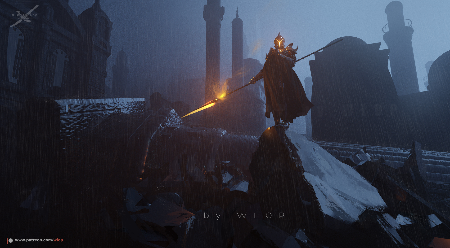 Ghostblade Fantasy Warrior in Rainy City HD Wallpaper