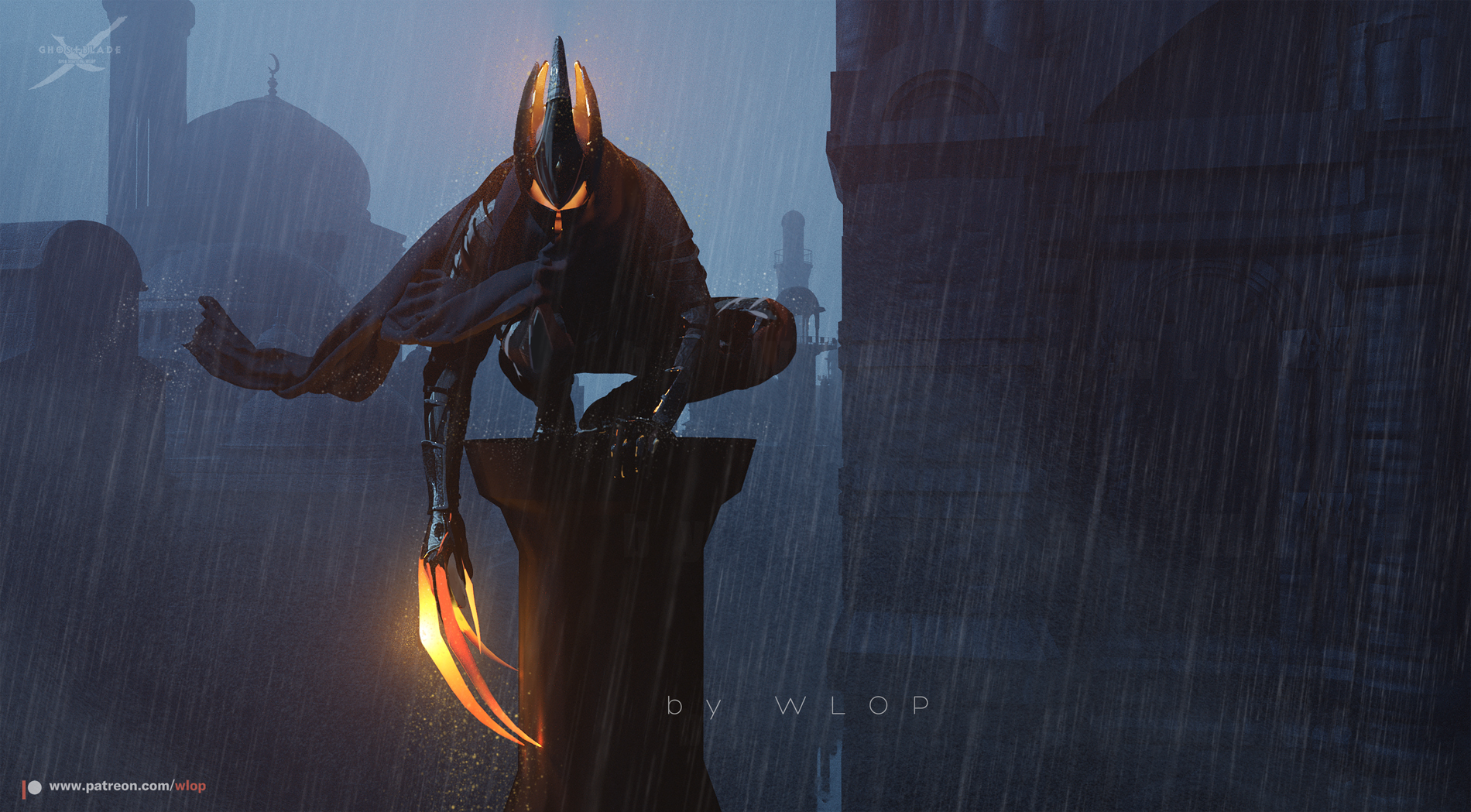 Ghostblade by WLOP in the rain HD Wallpaper