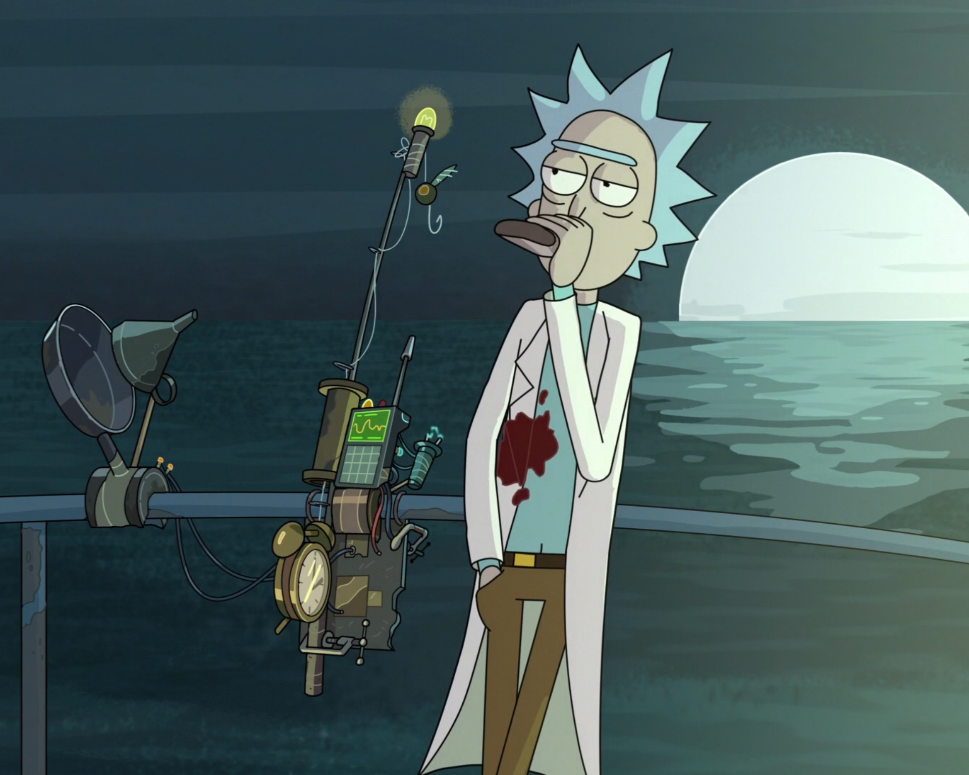 Rick Sanchez with a device on a pier HD Wallpaper