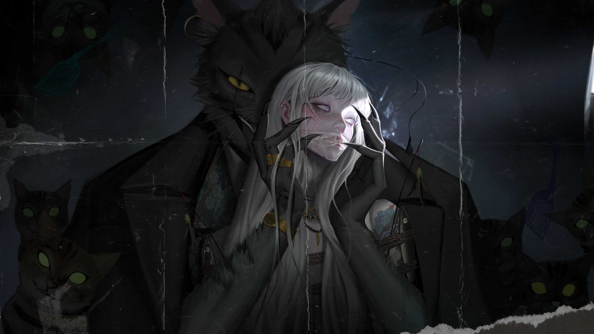 Girl with white eyes and black cats HD Wallpaper