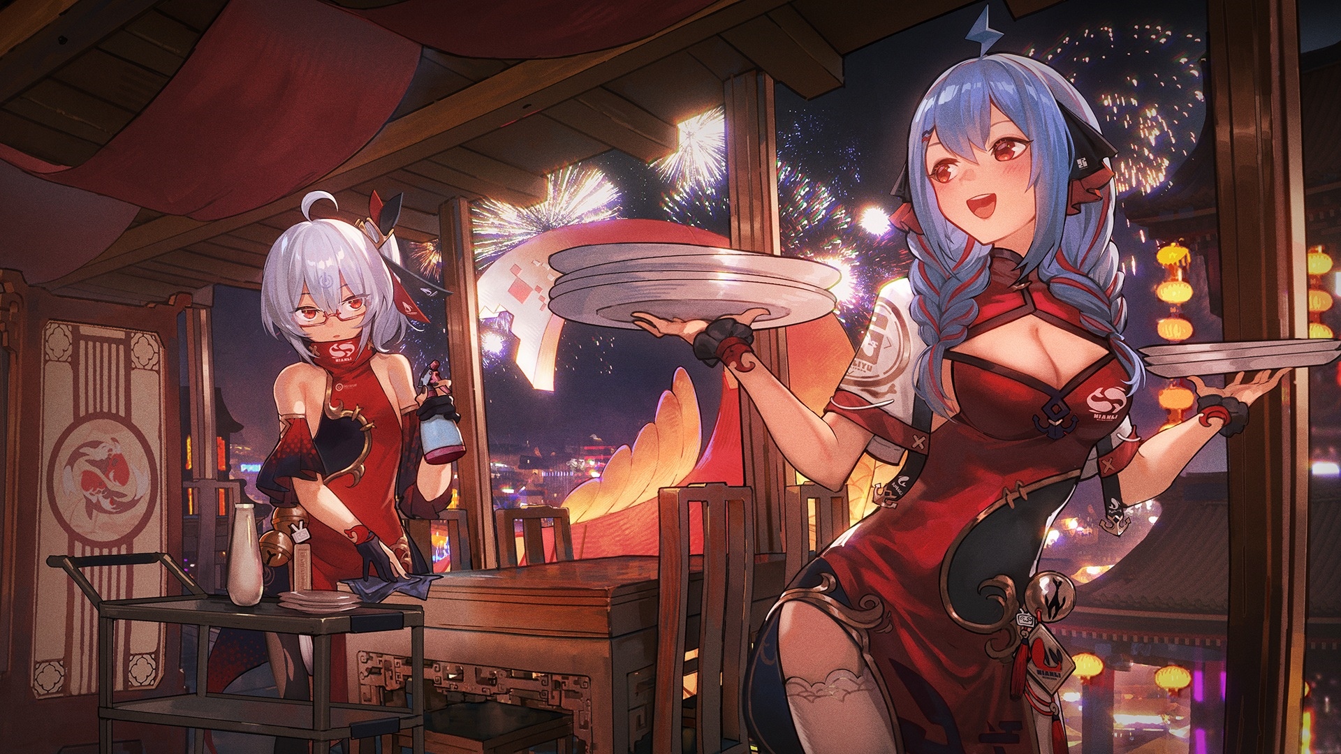 Anime girls in red dresses serving food with fireworks HD Wallpaper
