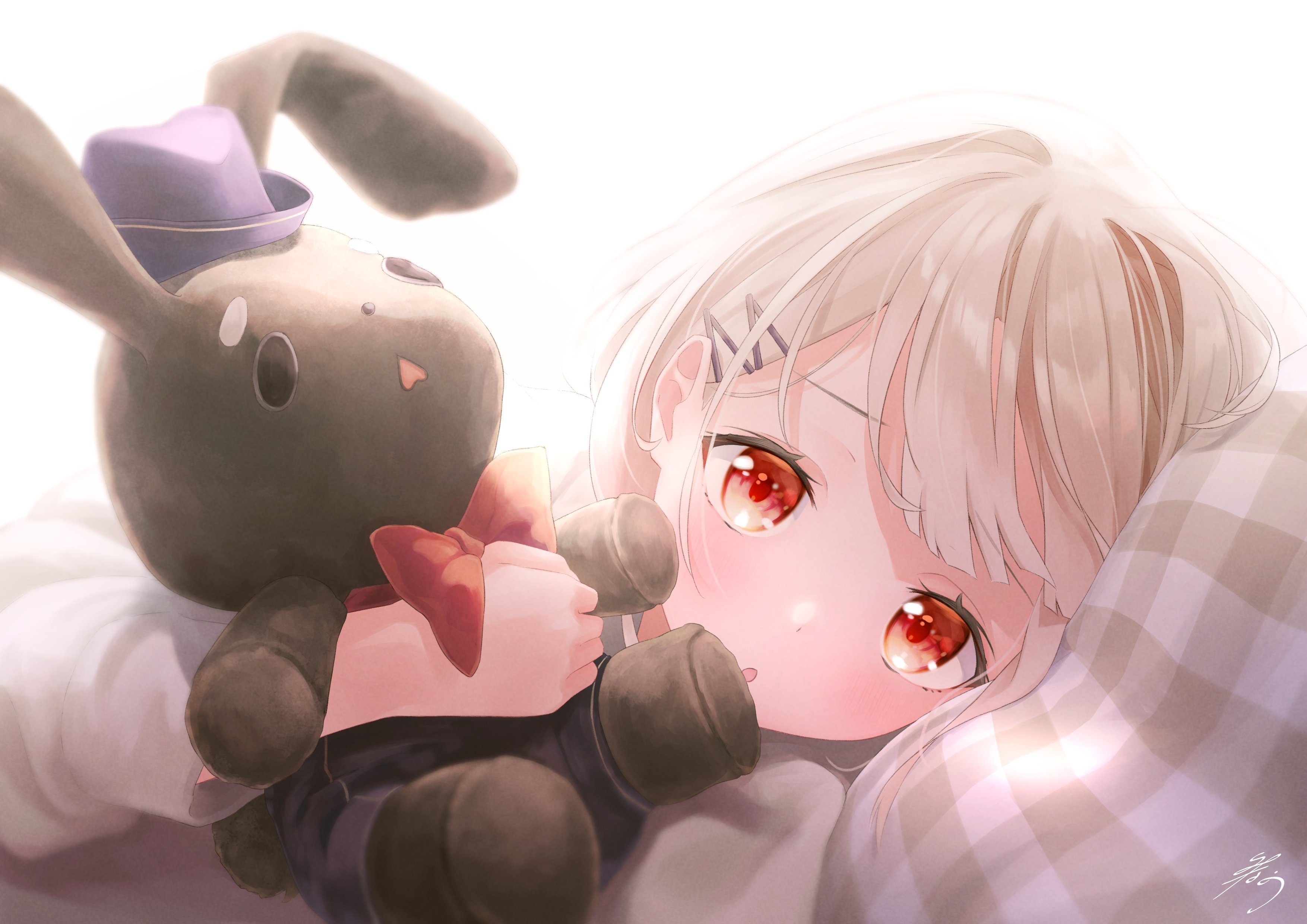 Anime girl with a stuffed bunny HD Wallpaper