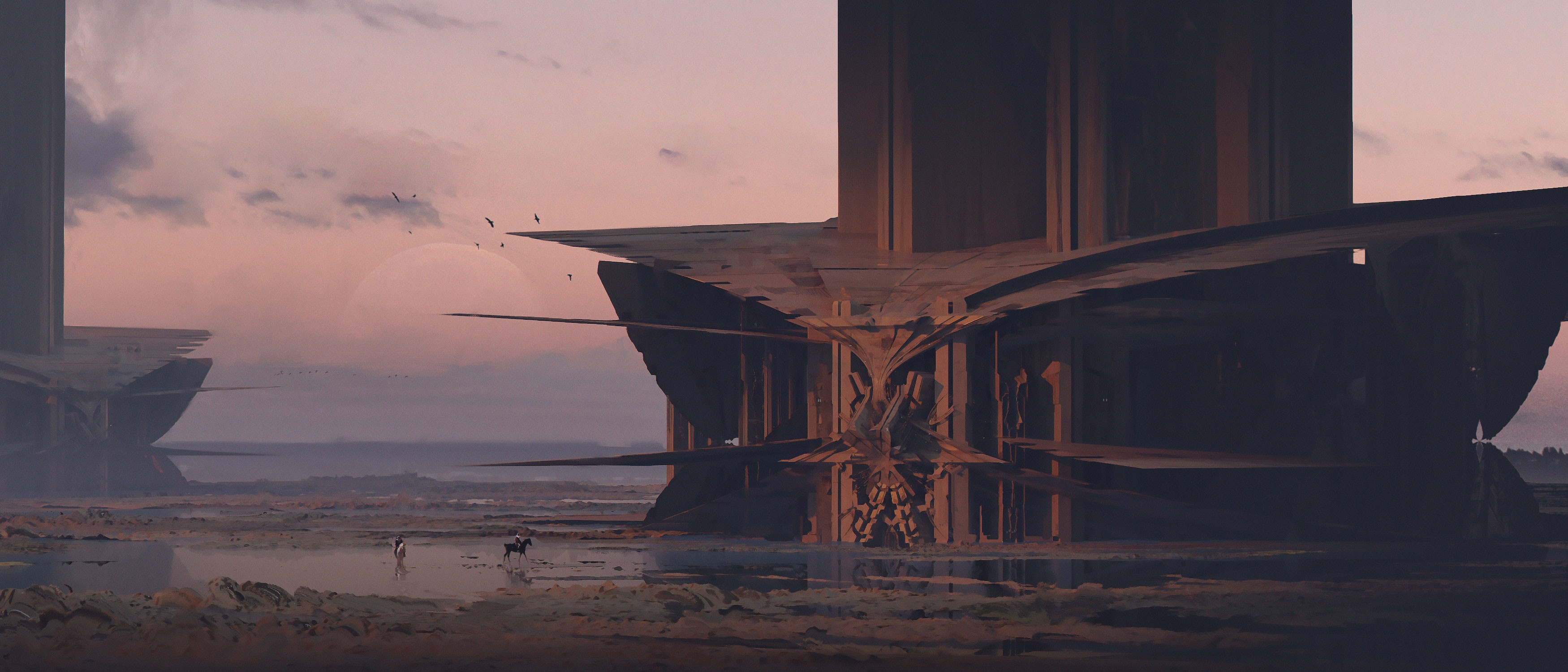 Two figures and a horse near alien structures at sunset HD Wallpaper