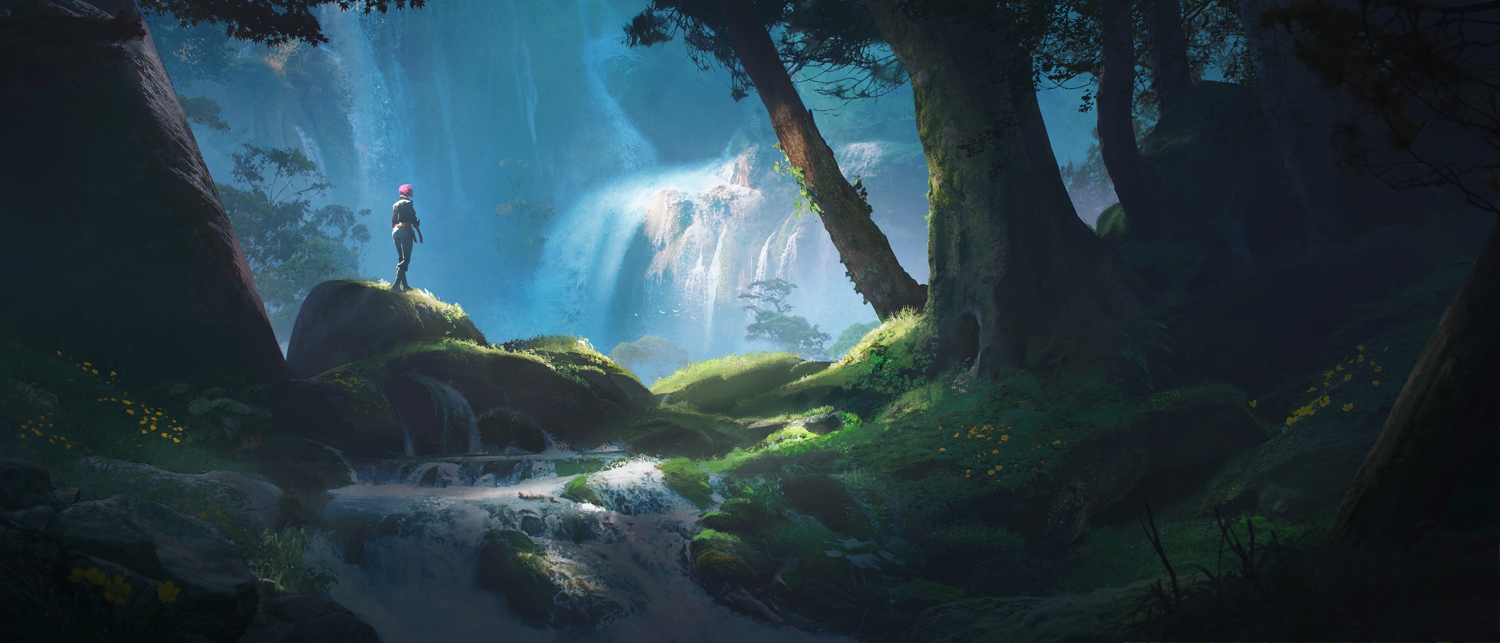 A person stands on a rock overlooking a waterfall in a forest. HD Wallpaper