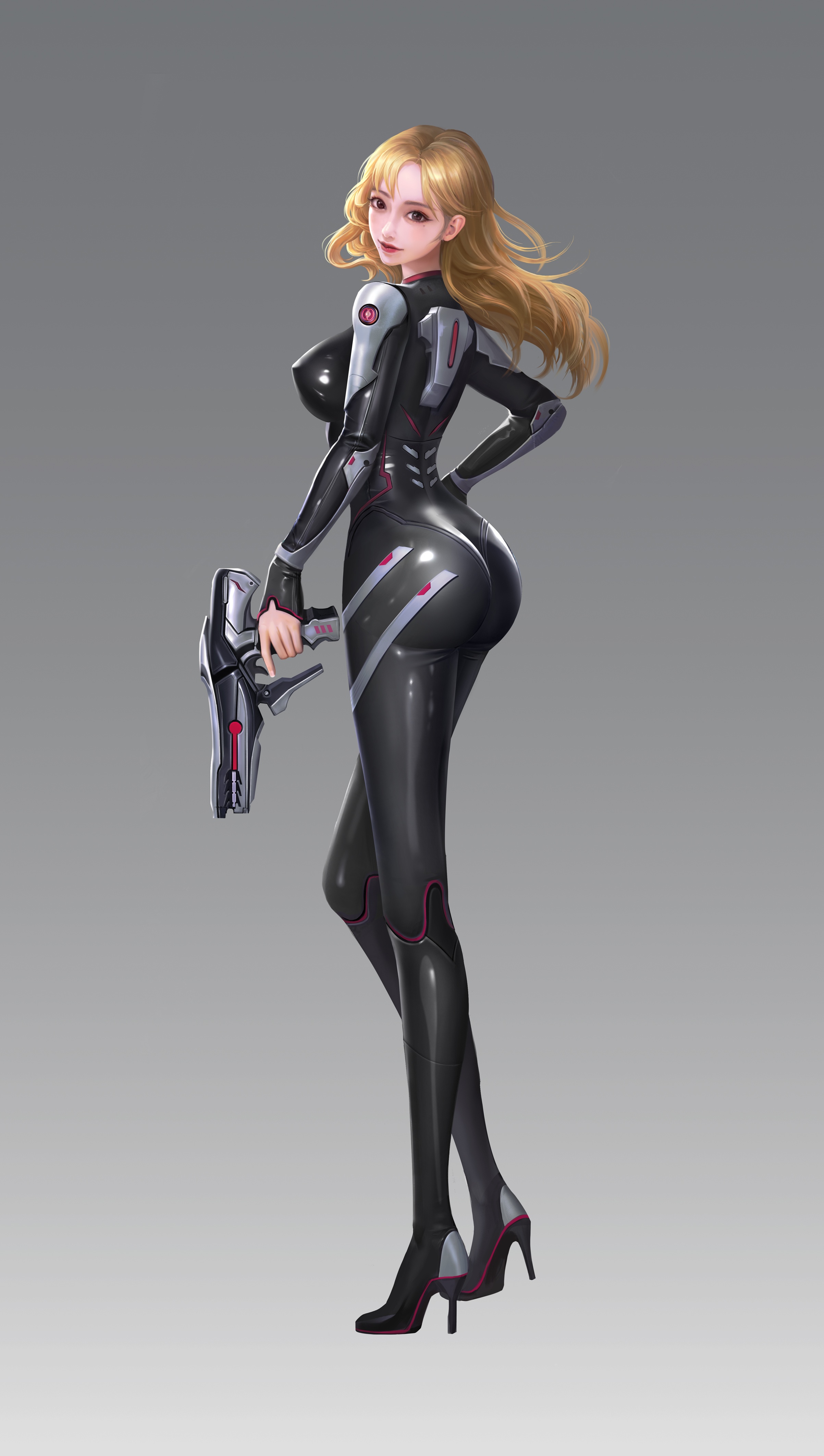 Woman in futuristic suit holding a sci-fi gun HD Phone Wallpaper