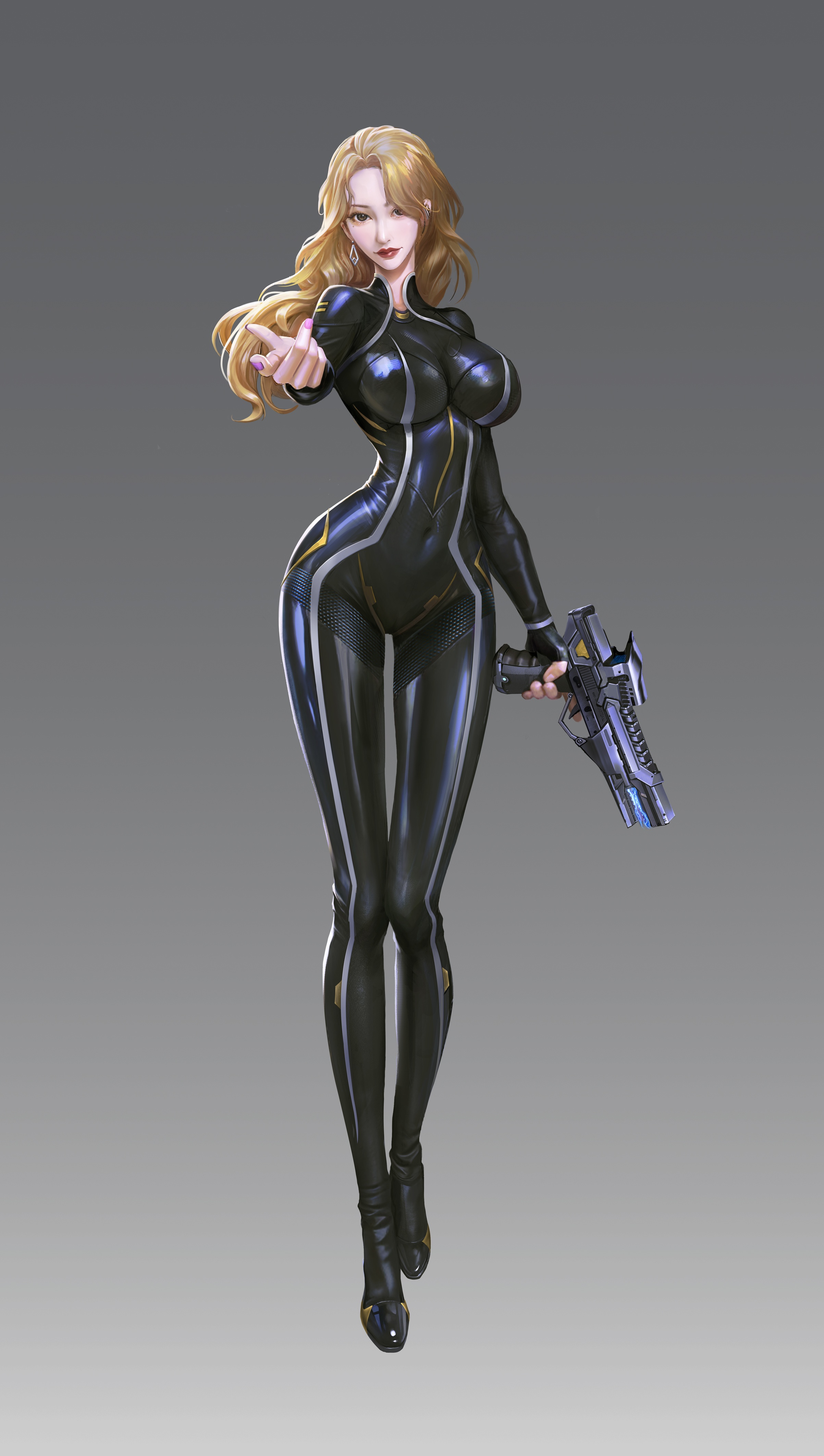 Woman in black bodysuit holding a futuristic gun HD Phone Wallpaper