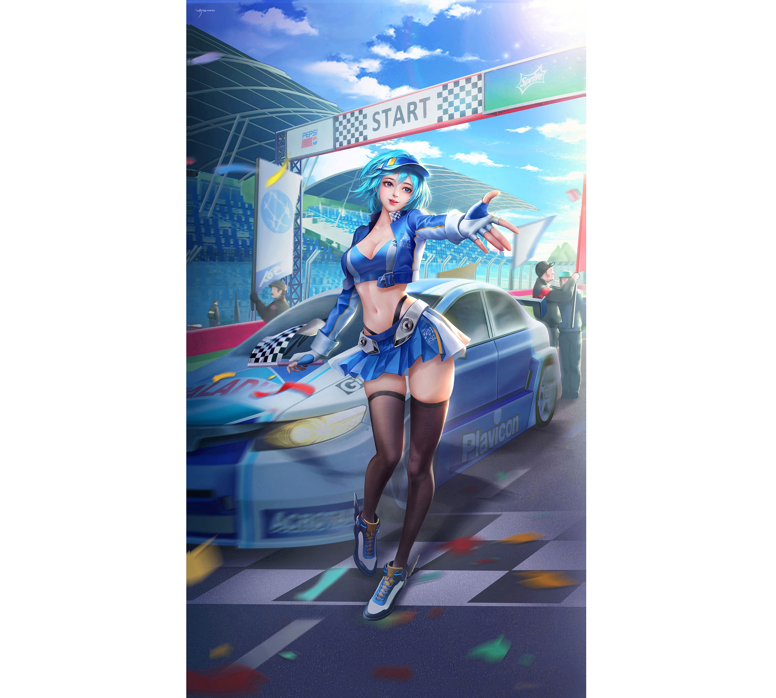 Race Queen Posing by a Race Car at the Start Line HD Wallpaper