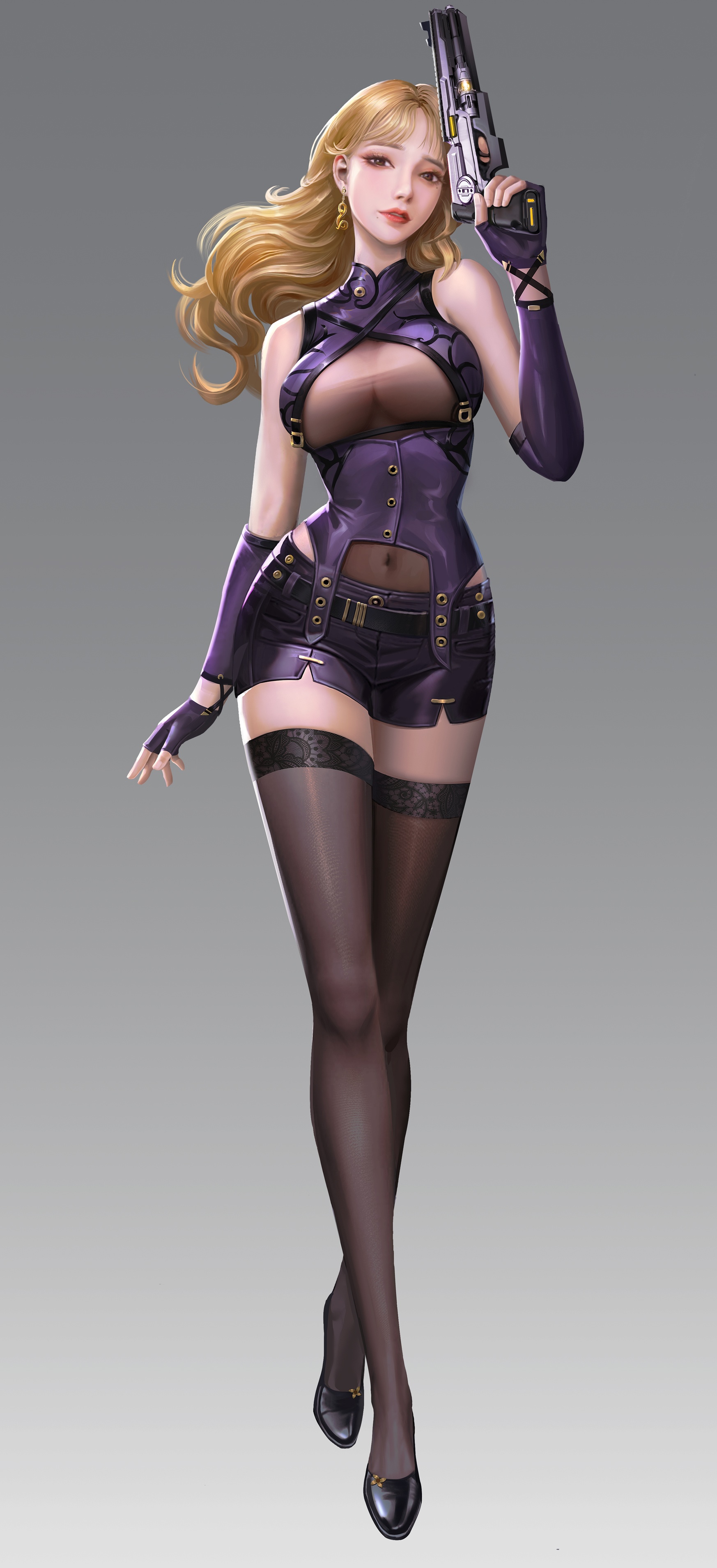 Woman in purple outfit holding a gun HD Phone Wallpaper