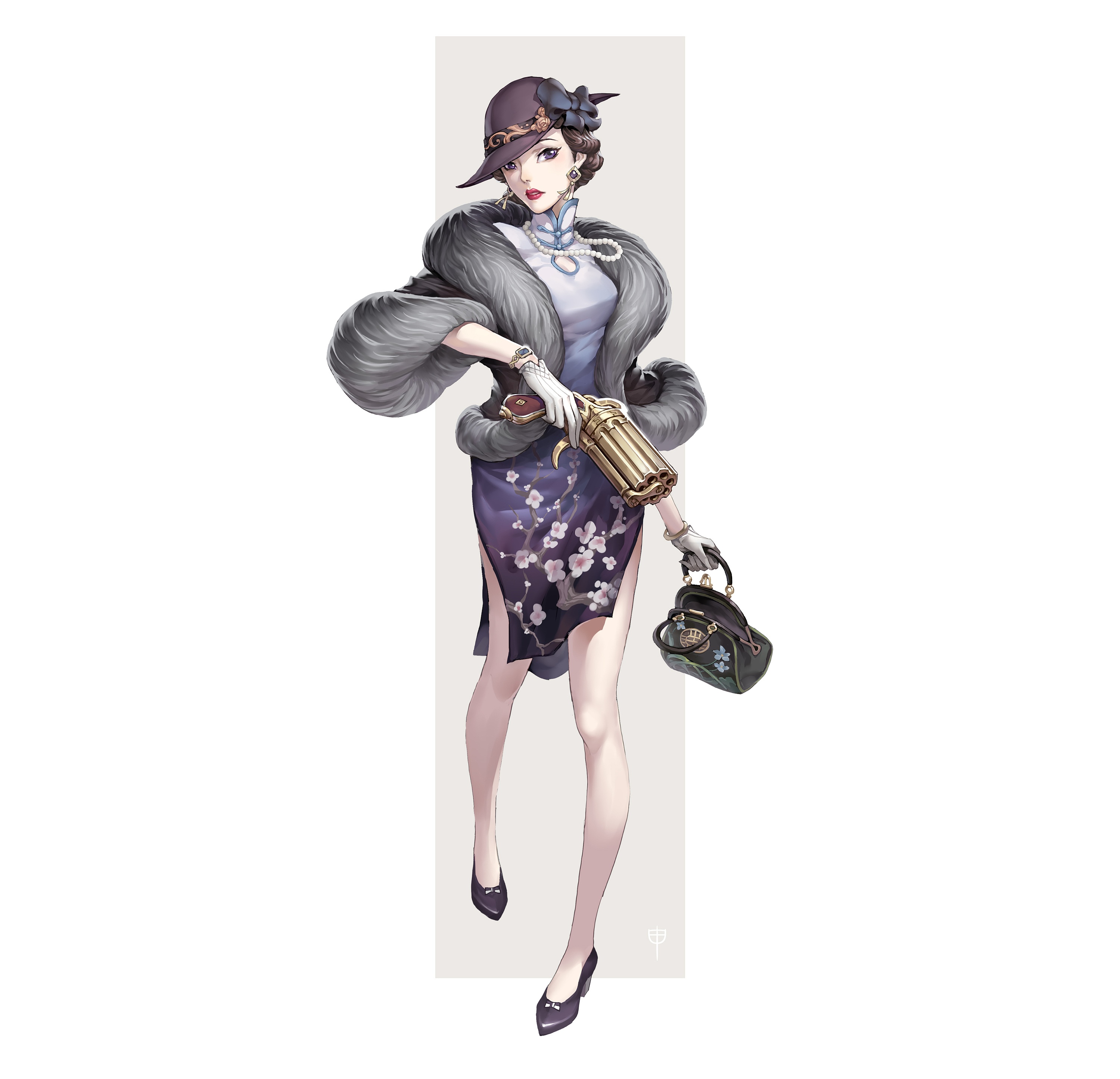 Woman in a fur coat holding a gun HD Wallpaper