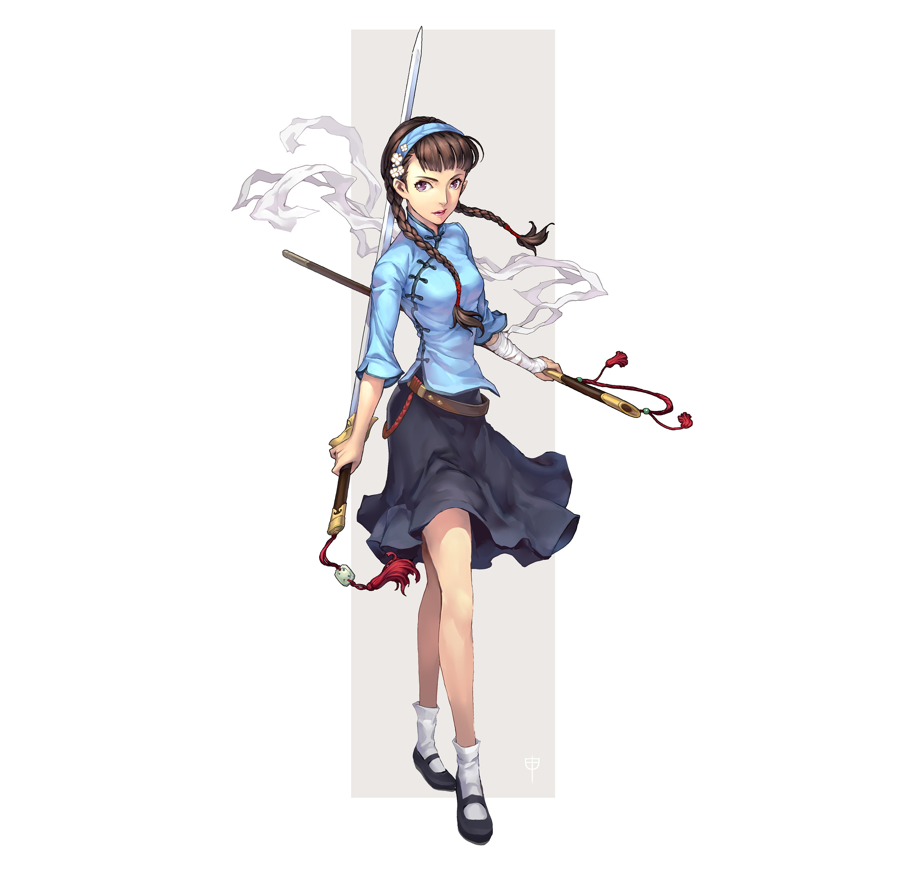 Anime girl with sword and staff HD Wallpaper