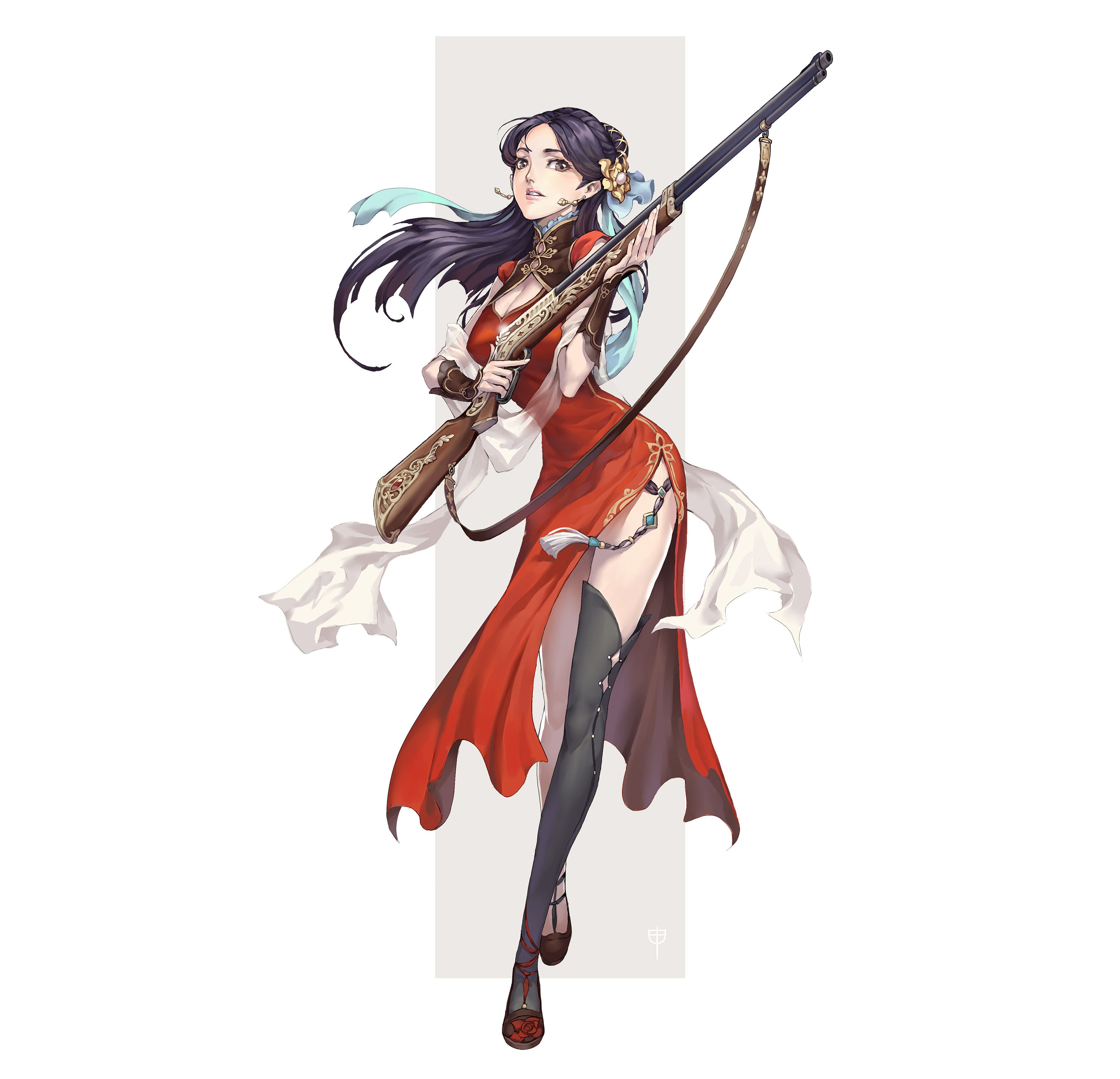 Anime woman in red dress holding a rifle HD Wallpaper