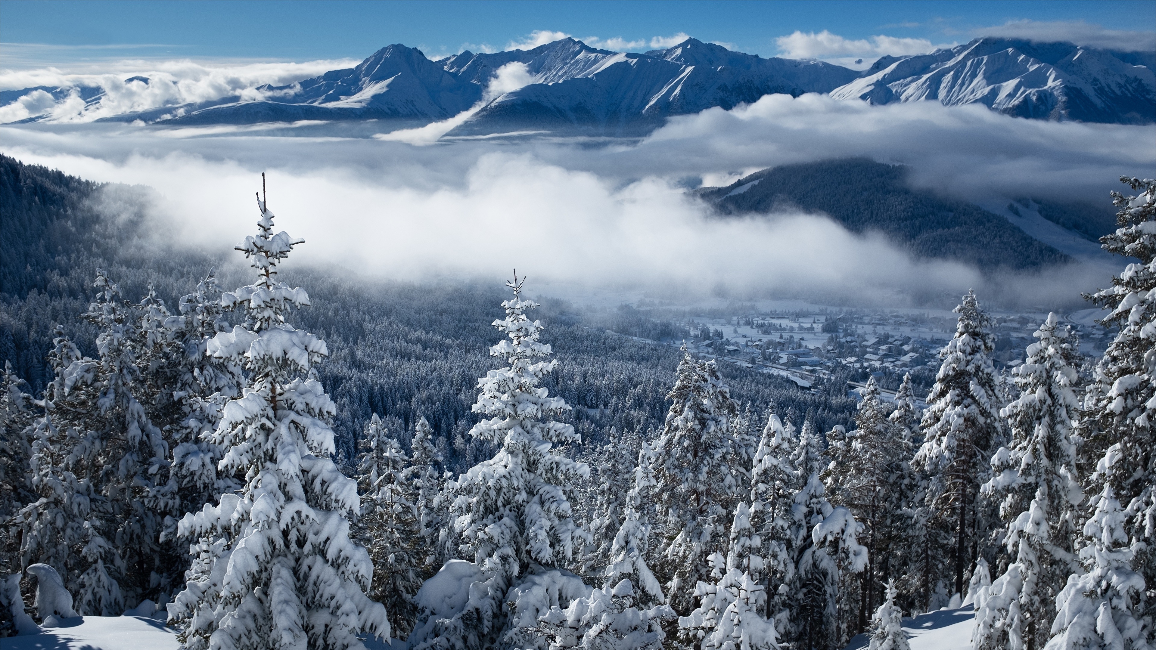 4K Winter Landscape with Snow-Covered Mountains and Forest HD Wallpaper