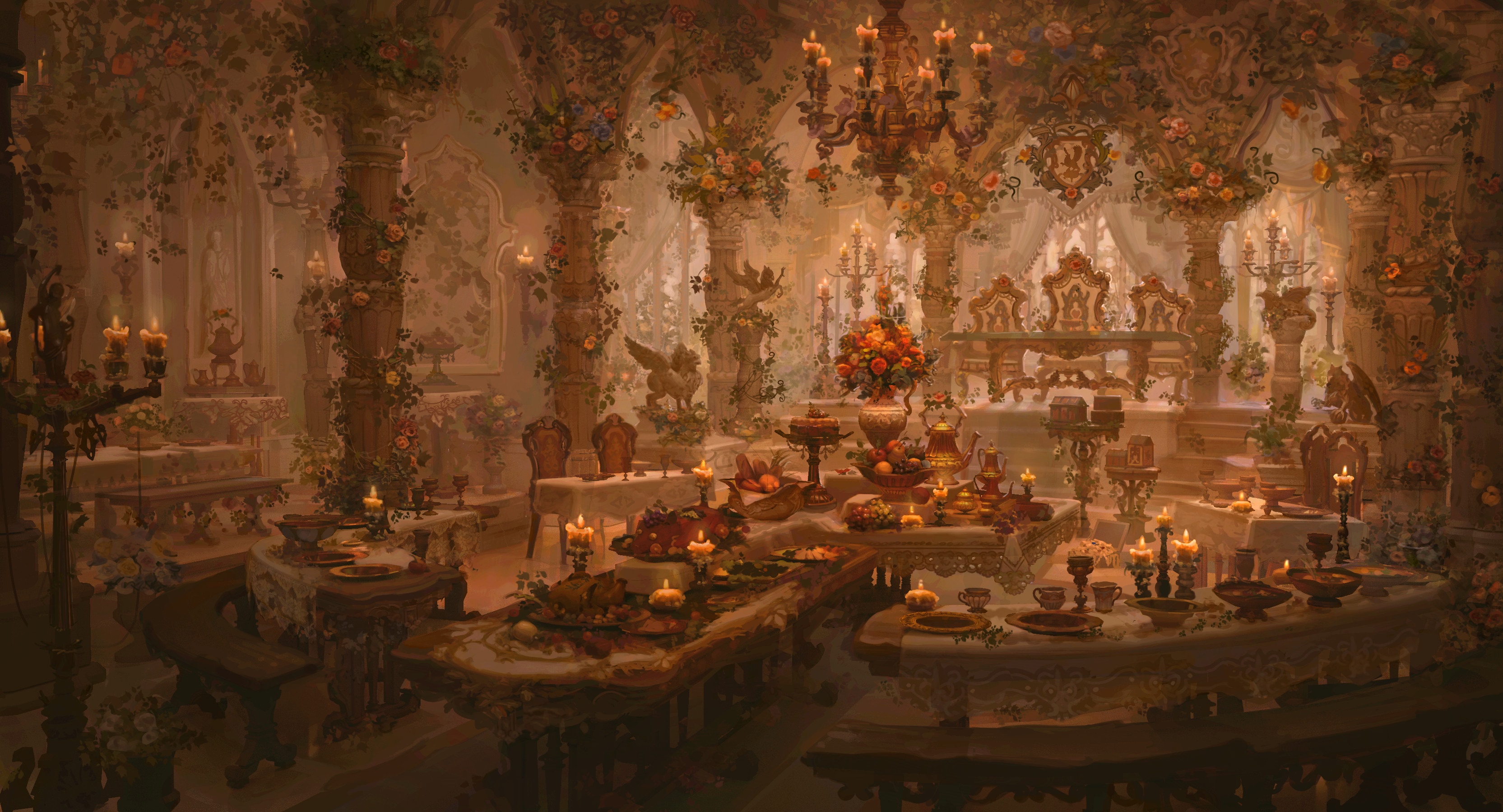 Fantasy dining room with flowers and candles HD Wallpaper