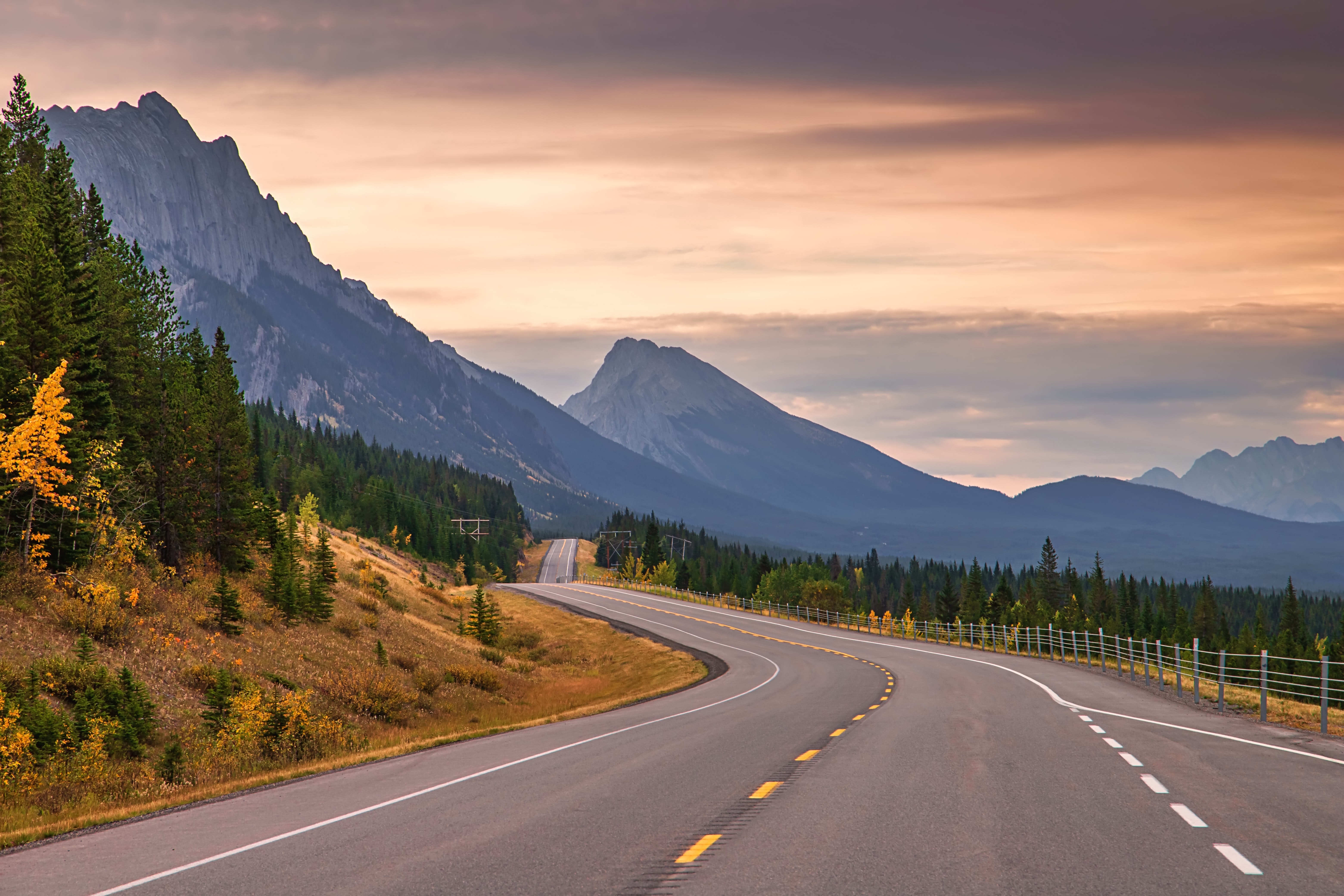 Road through mountains and forest at sunset HD Wallpaper