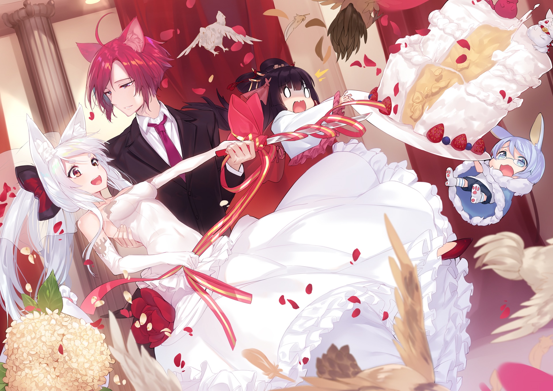 Anime characters in wedding attire with a cake HD Wallpaper