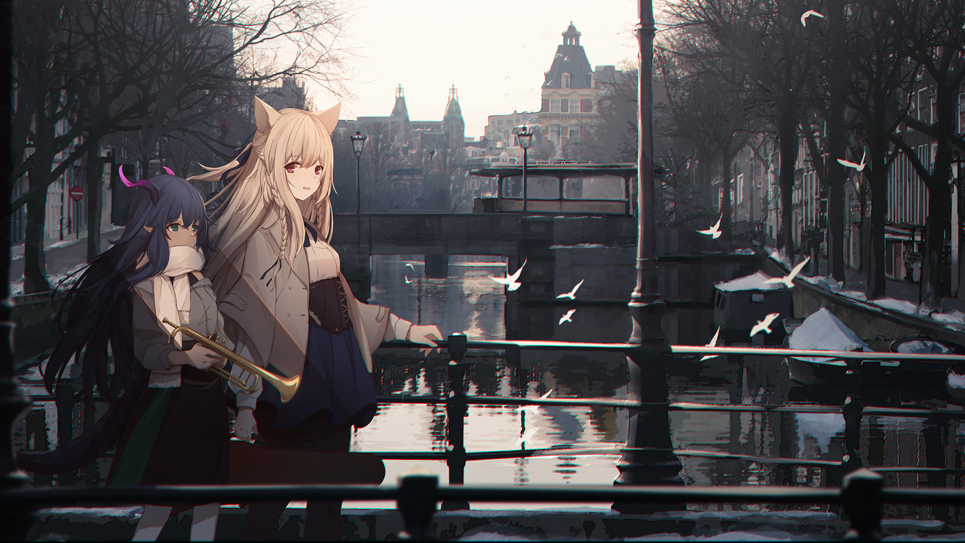 Two anime girls by a canal in Amsterdam HD Wallpaper