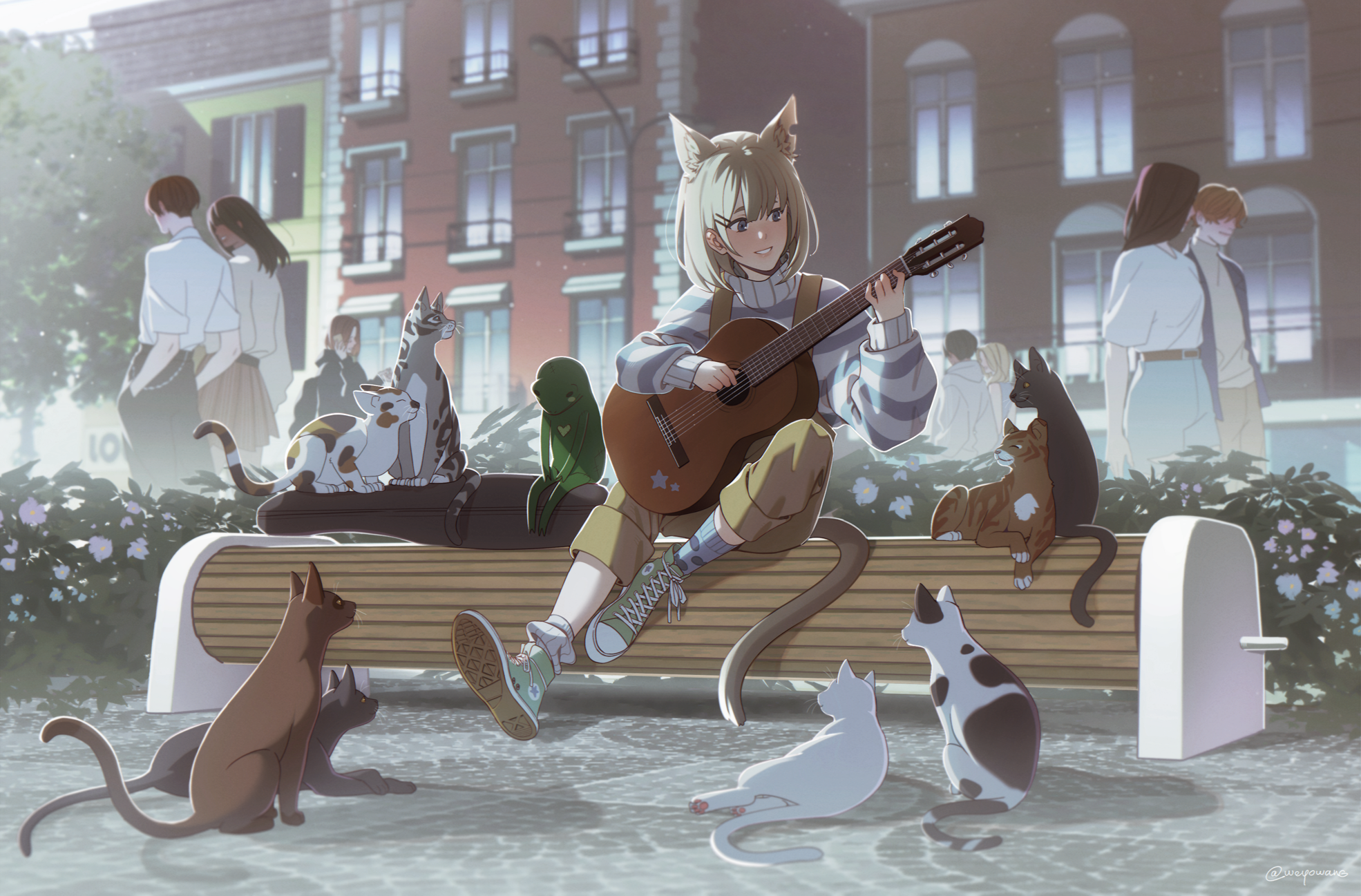 Anime girl playing guitar with cats in a park HD Wallpaper