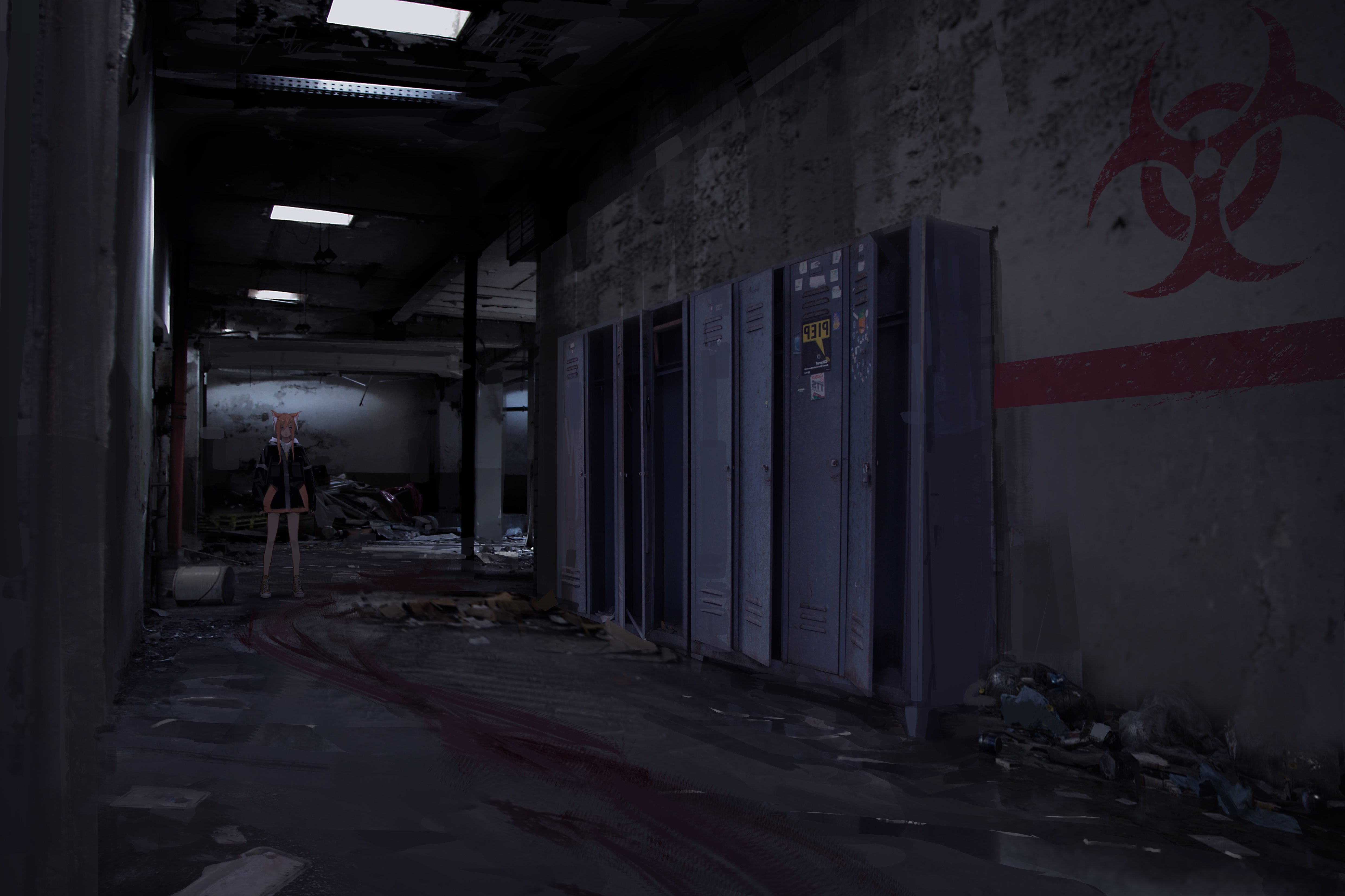Abandoned hallway with biohazard symbol and blood HD Wallpaper