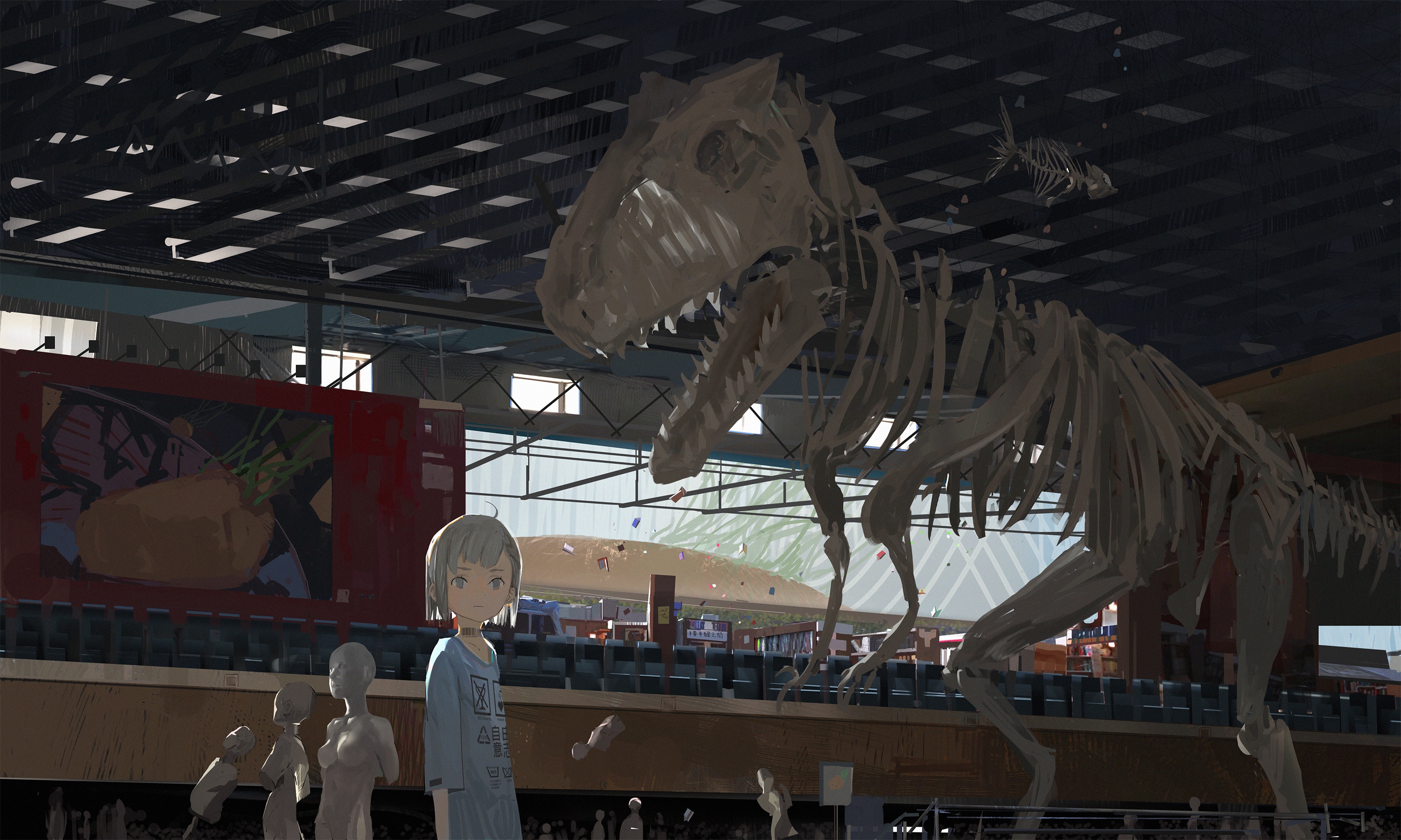 Anime girl and dinosaur skeleton in museum HD Wallpaper