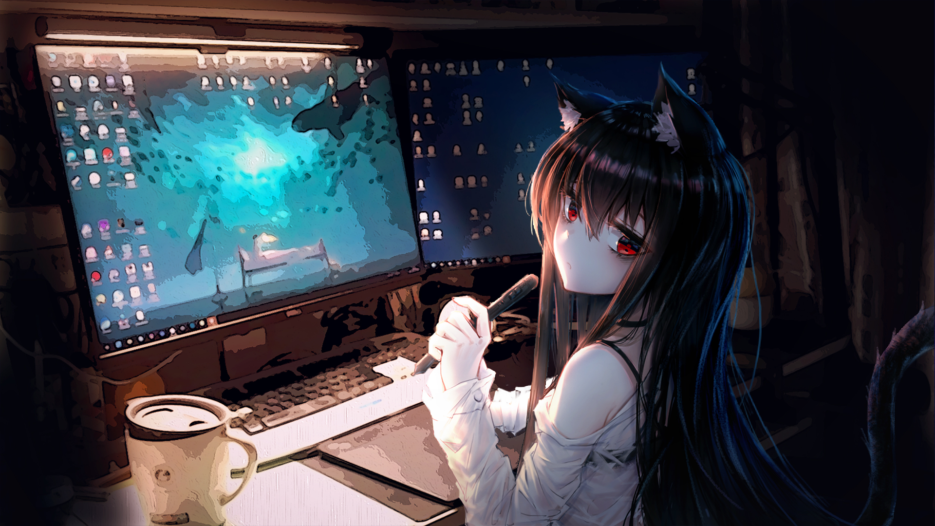 Cat girl working on a computer with a cup of coffee HD Wallpaper