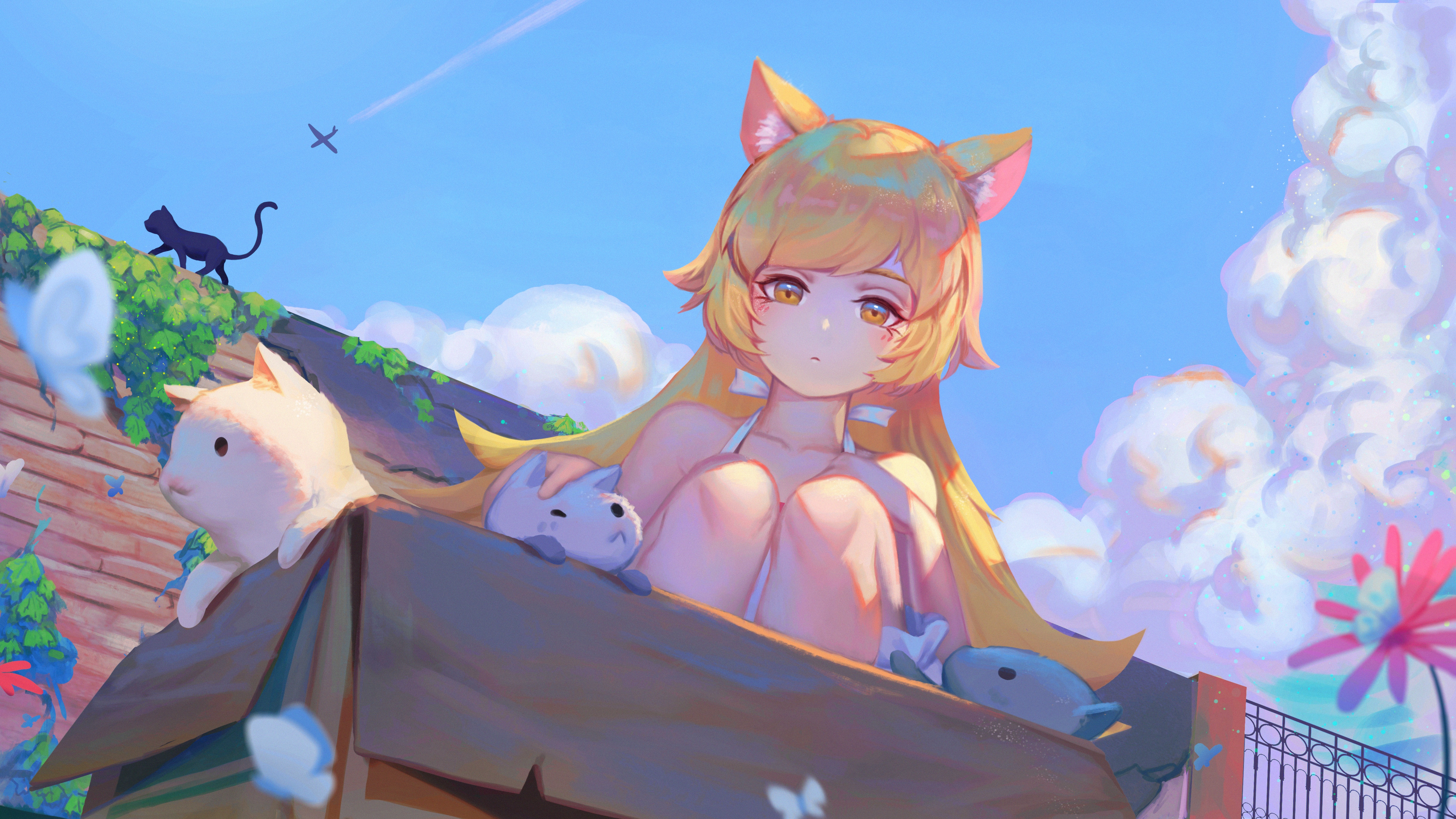 4K anime girl with cat ears and pets HD Wallpaper