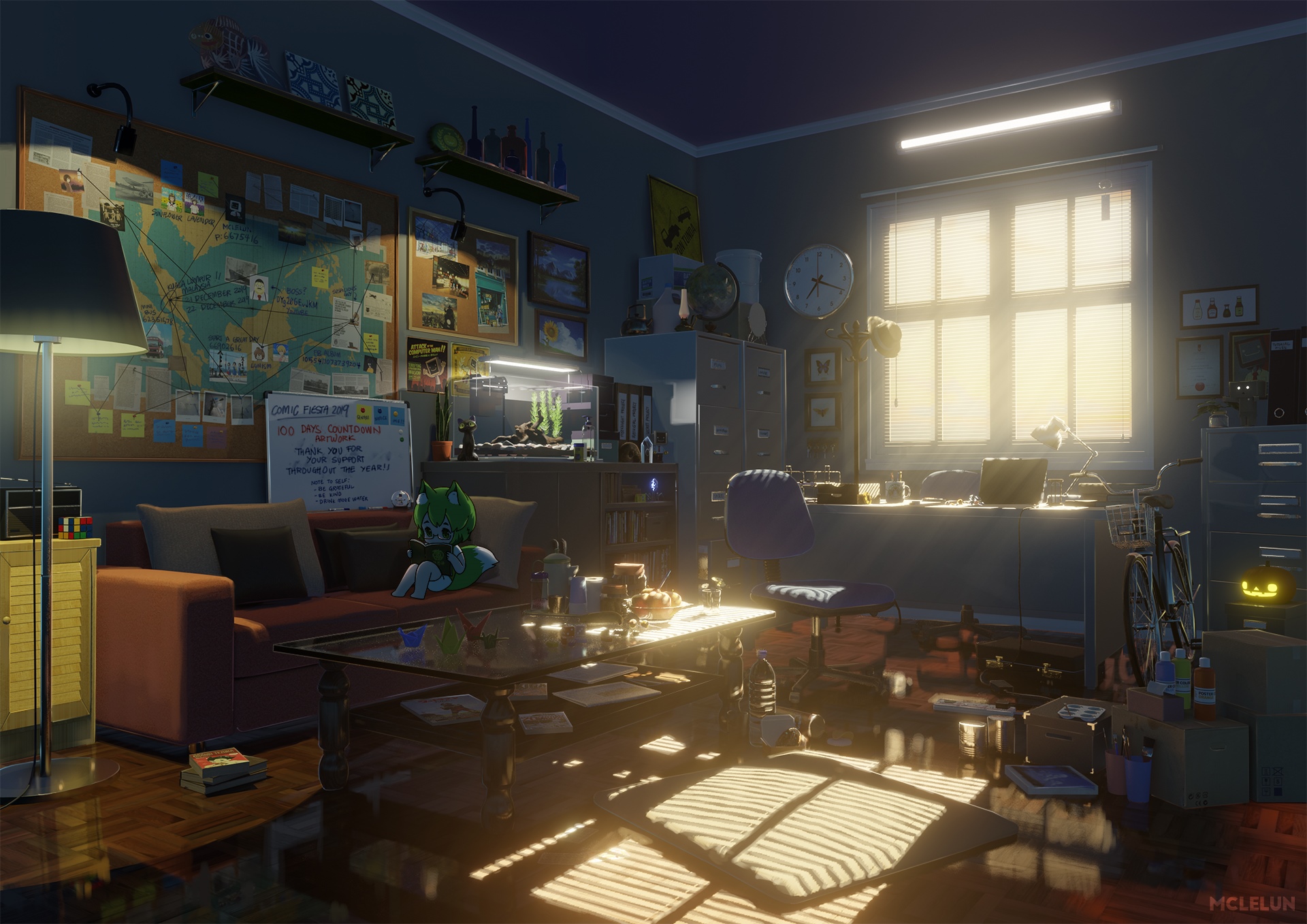 Anime girl in a cluttered room with a map HD Wallpaper