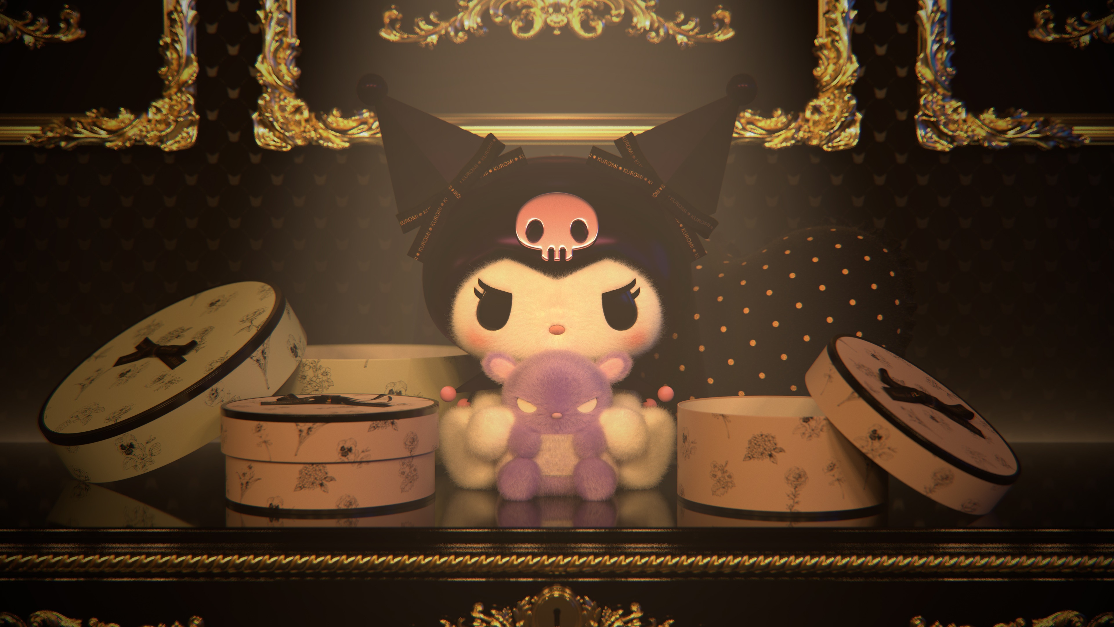 Kuromi with a purple plush toy and decorative boxes HD Wallpaper