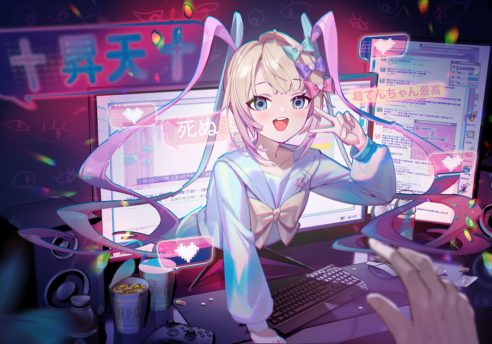 Anime girl in front of computer screens HD Wallpaper