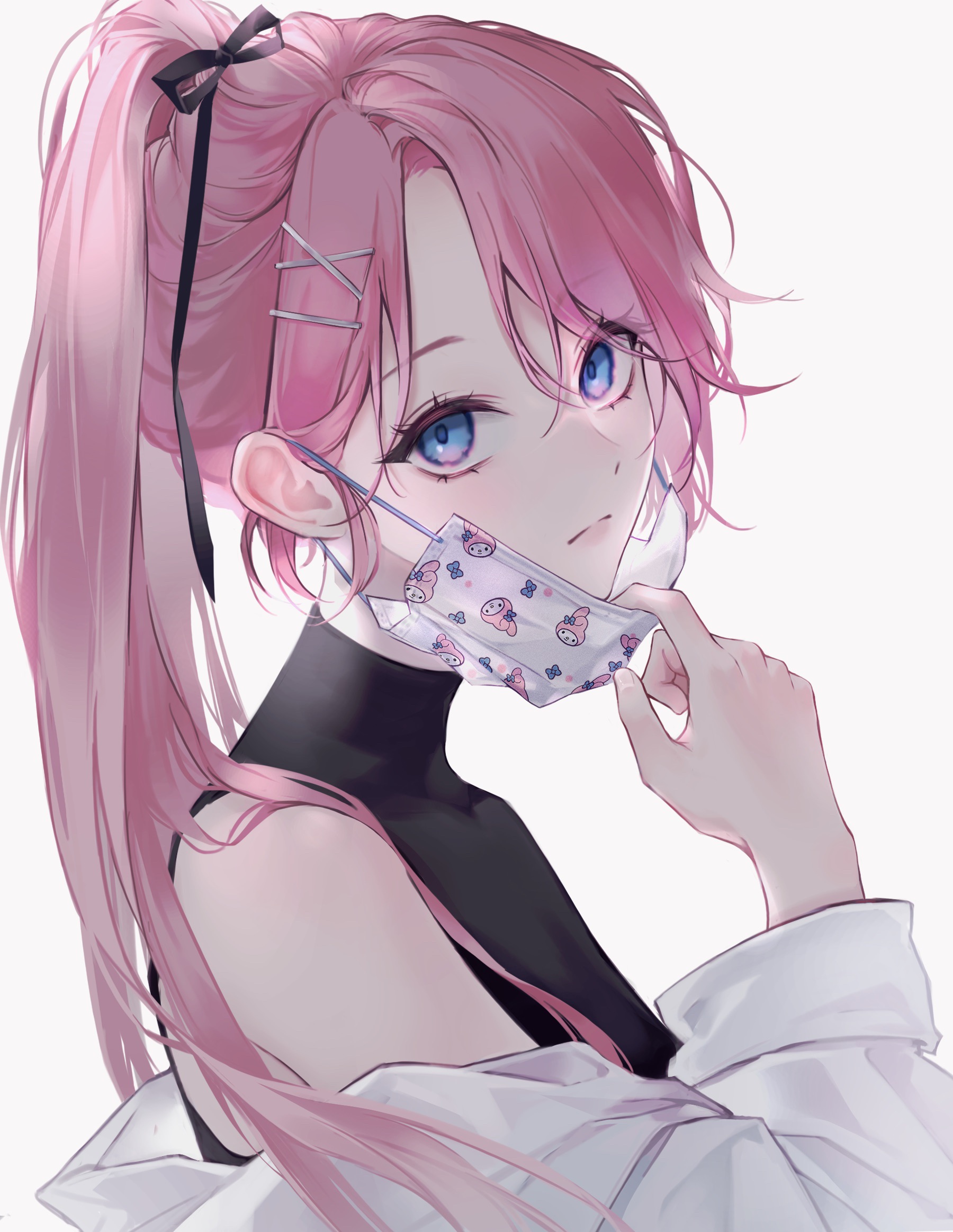 Anime girl with pink hair and blue eyes wearing a mask HD Phone Wallpaper