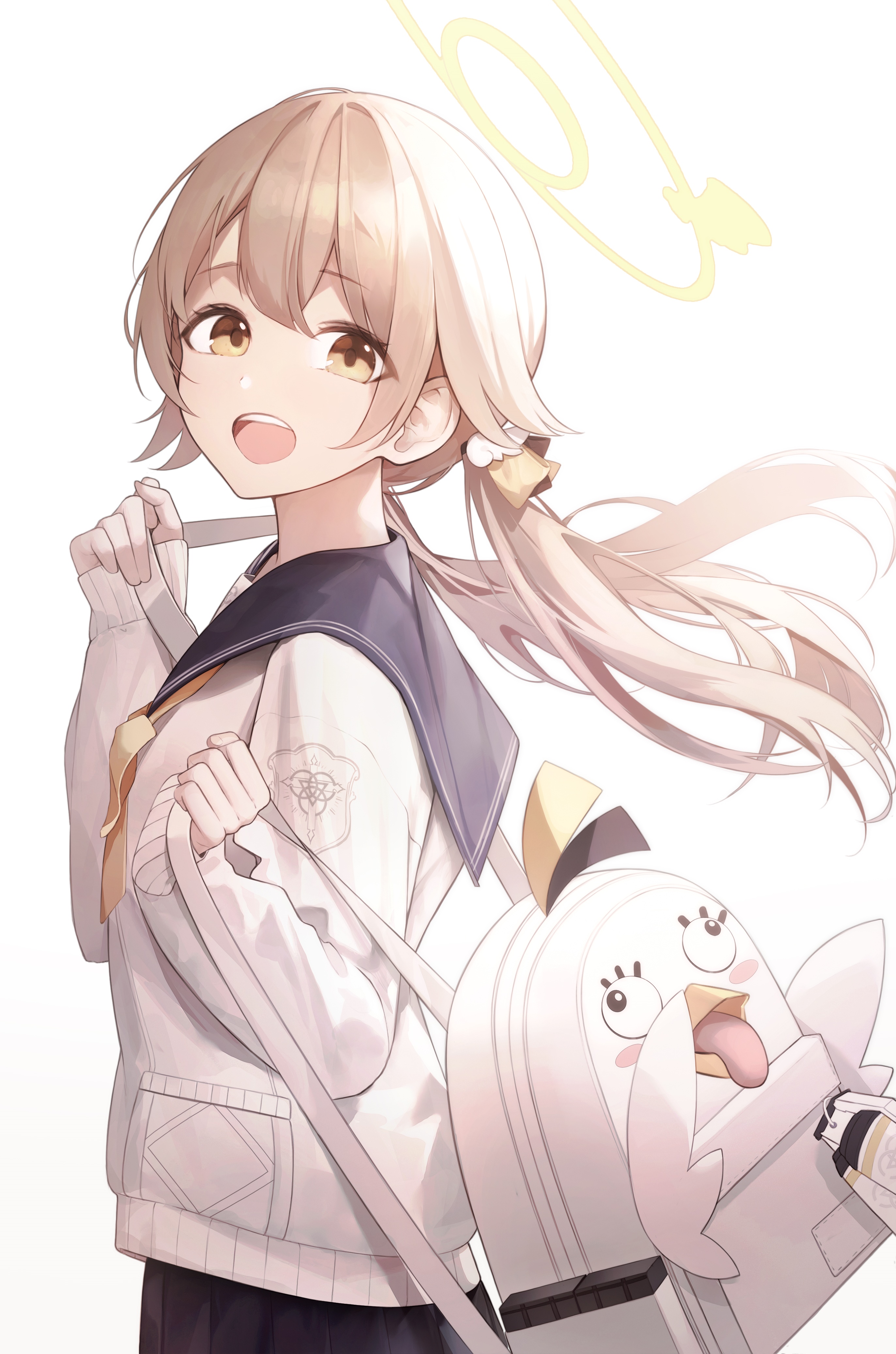 Ajitani Hifumi from Blue Archive with a chicken backpack HD Phone Wallpaper