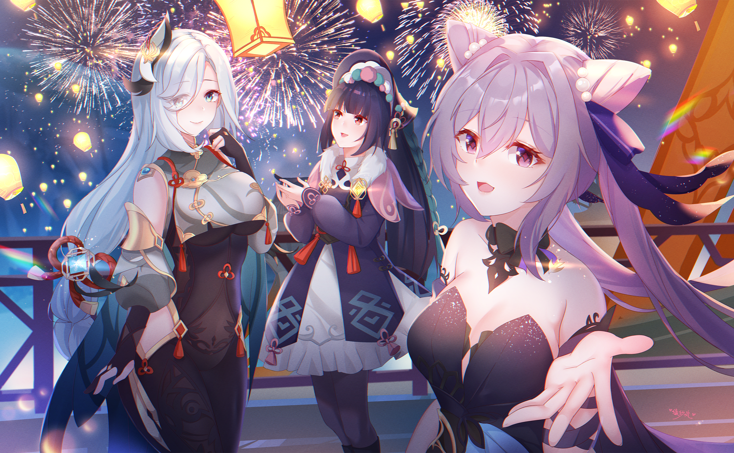 Shenhe, Yun Jin, and Keqing with fireworks HD Wallpaper