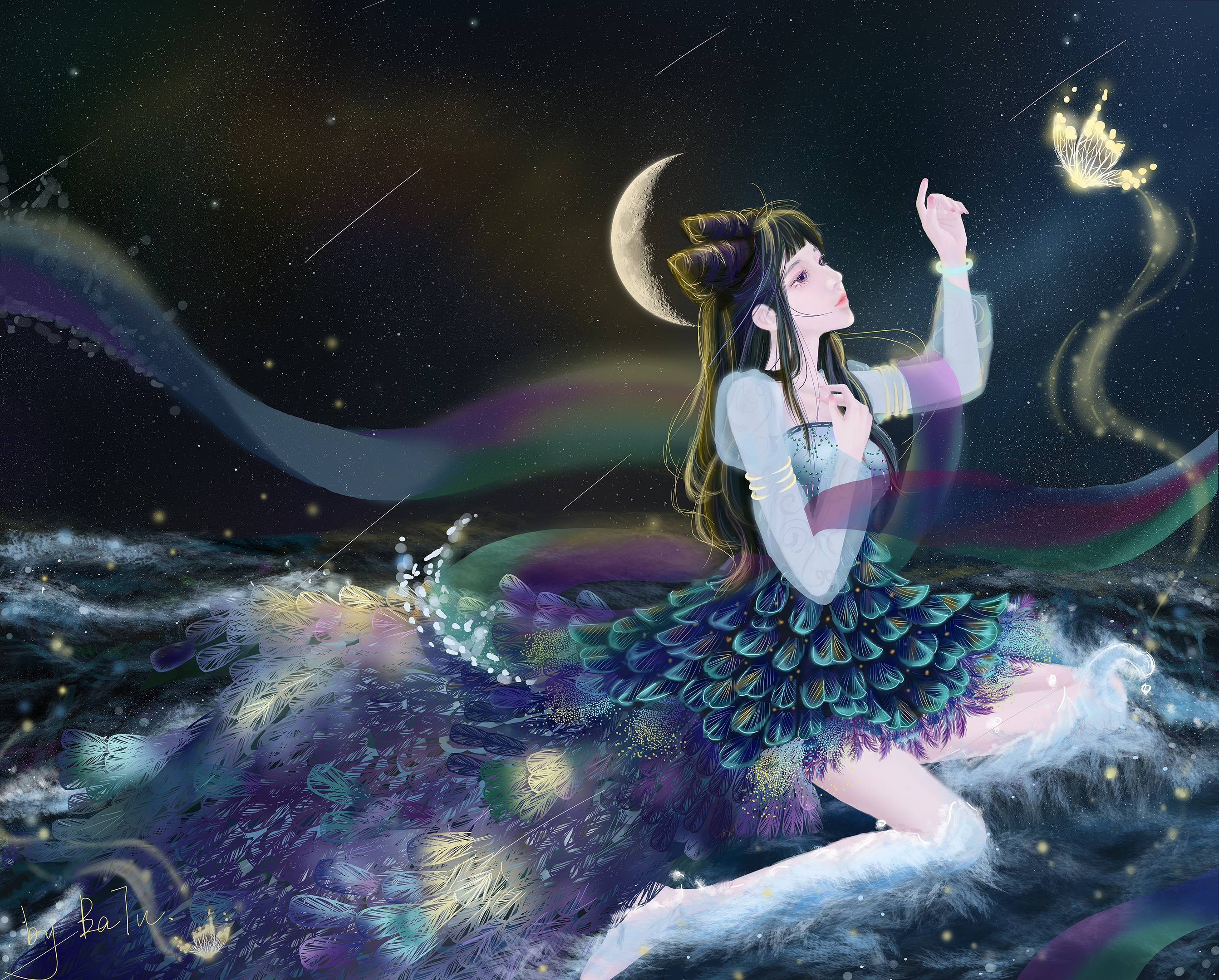 Woman in peacock dress with butterfly under starry night HD Wallpaper