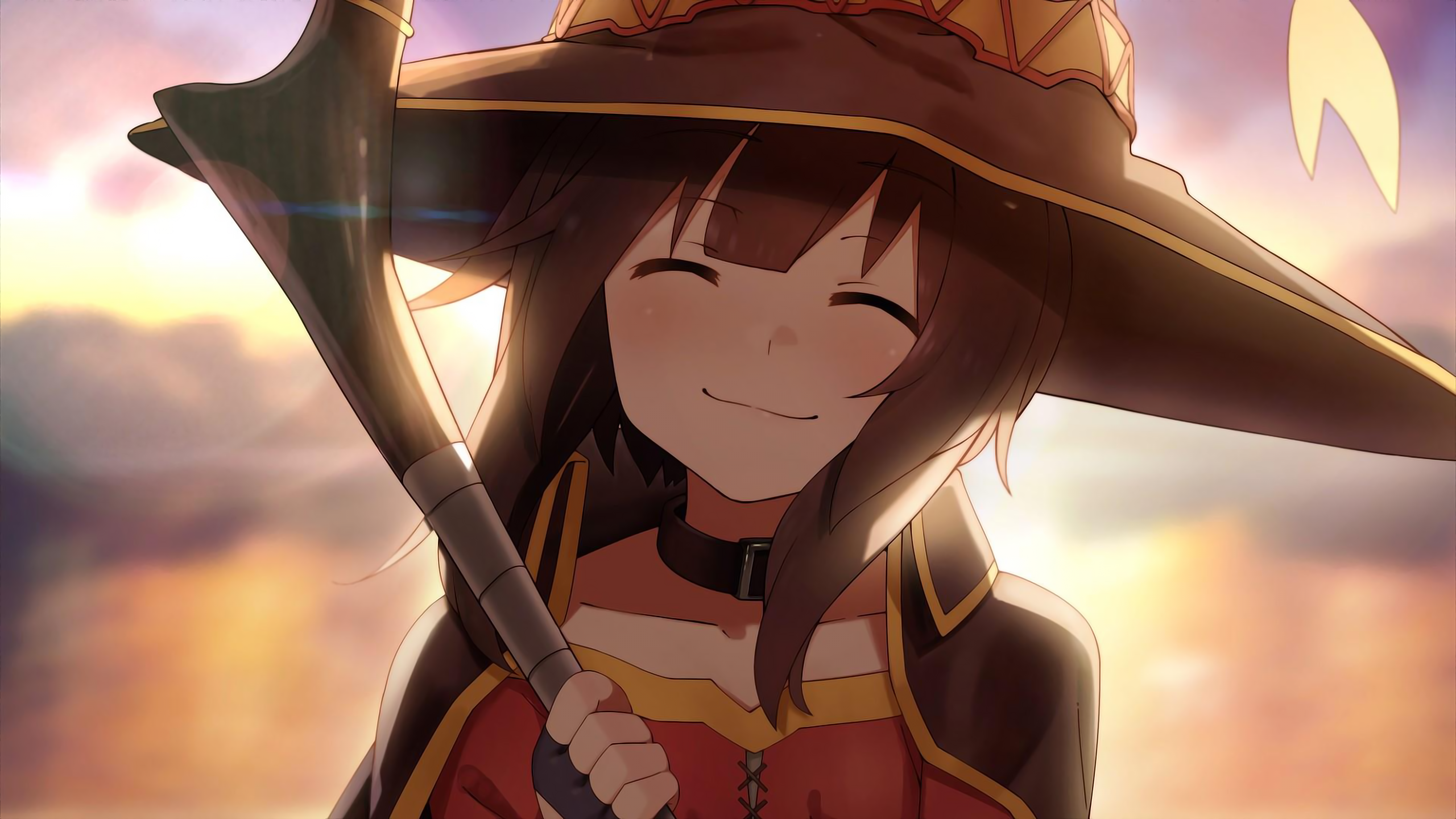 Megumin smiling with staff, Kono Subarashii Sekai ni Shukufuku wo! HD Wallpaper