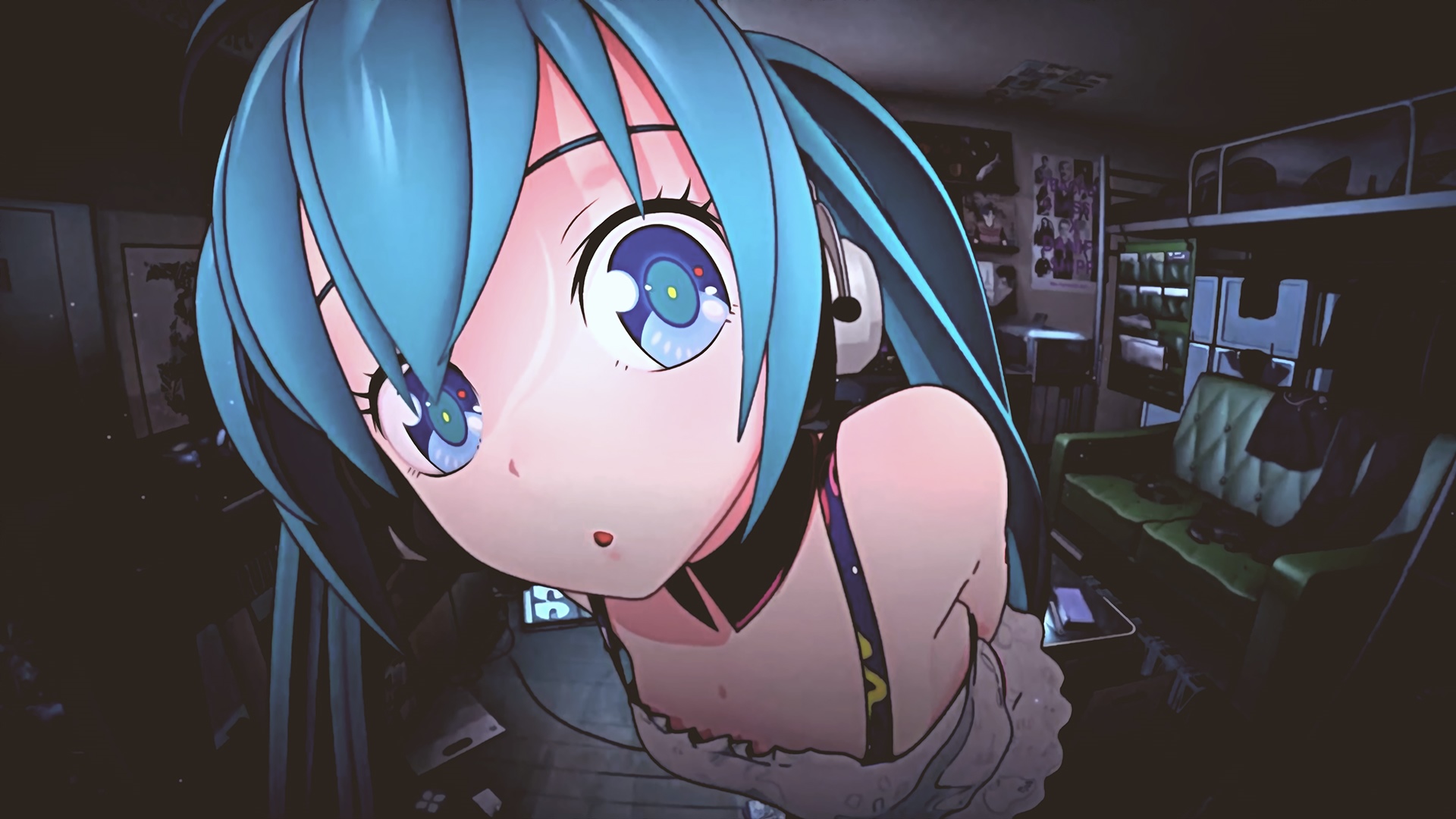 Hatsune Miku in a dimly lit room HD Wallpaper